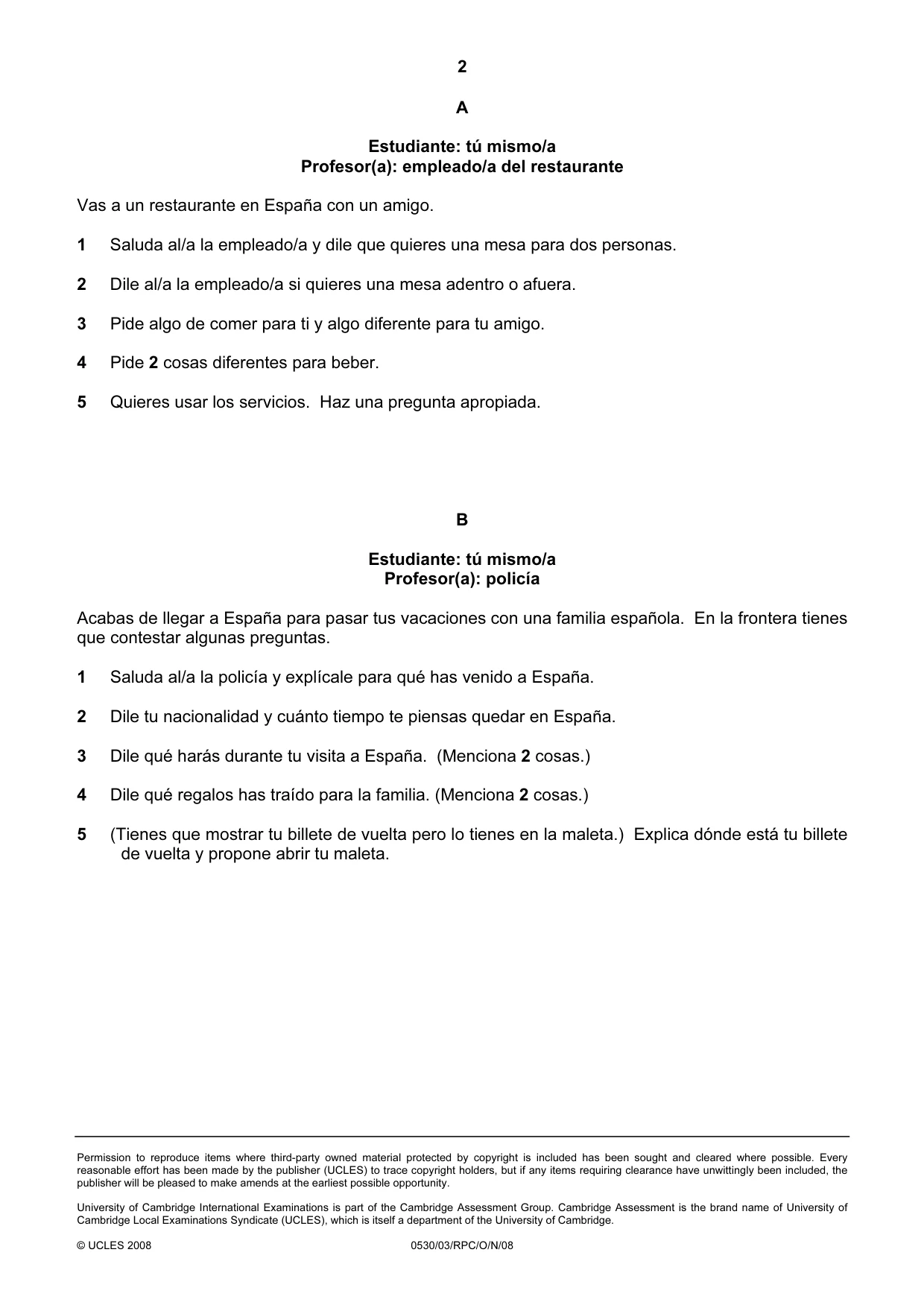 Cambridge IGCSE Spanish - Foreign Language 0530 2008 Oct/Nov Paper 3 · Variant 1 question paper, page 2 of 18