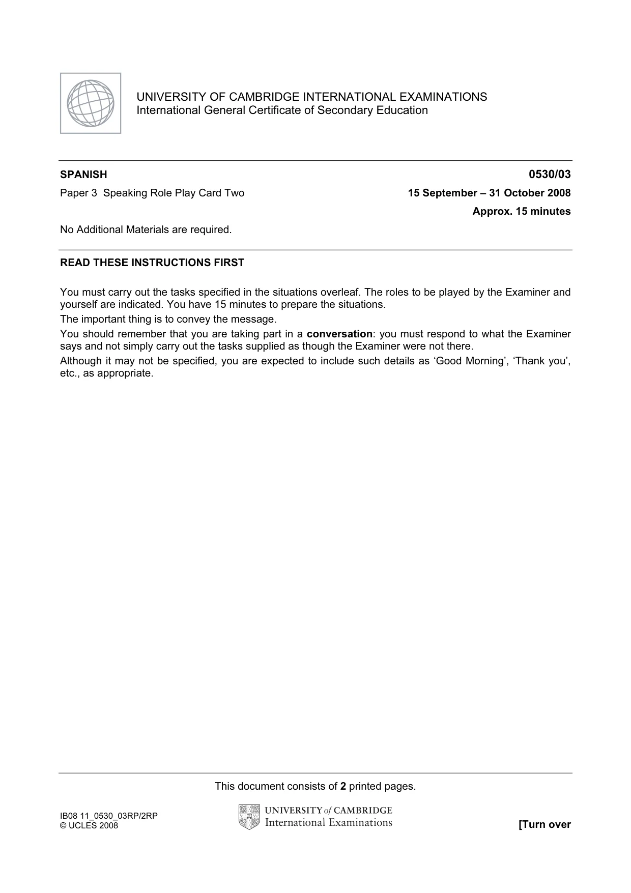 Cambridge IGCSE Spanish - Foreign Language 0530 2008 Oct/Nov Paper 3 · Variant 1 question paper, page 3 of 18