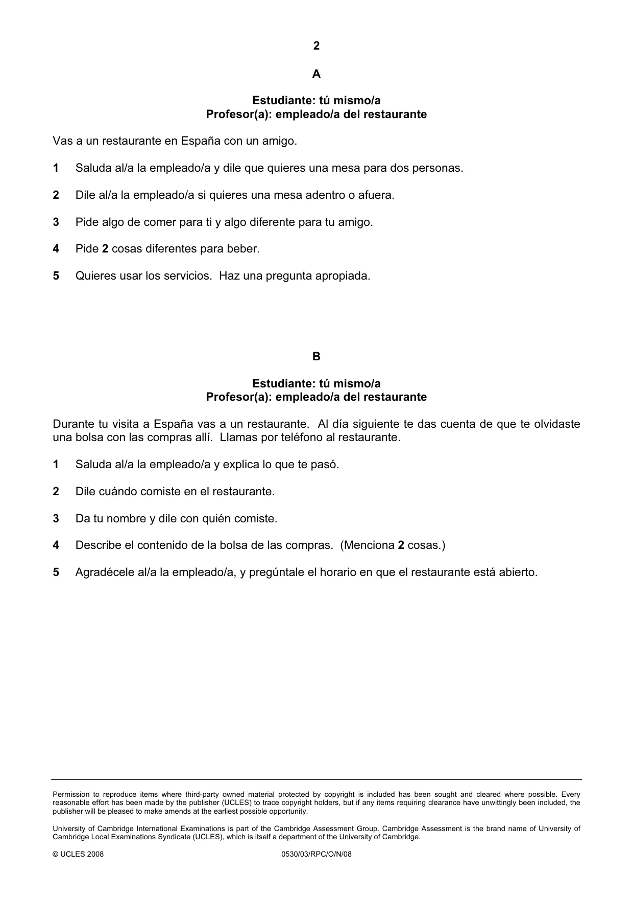 Cambridge IGCSE Spanish - Foreign Language 0530 2008 Oct/Nov Paper 3 · Variant 1 question paper, page 6 of 18