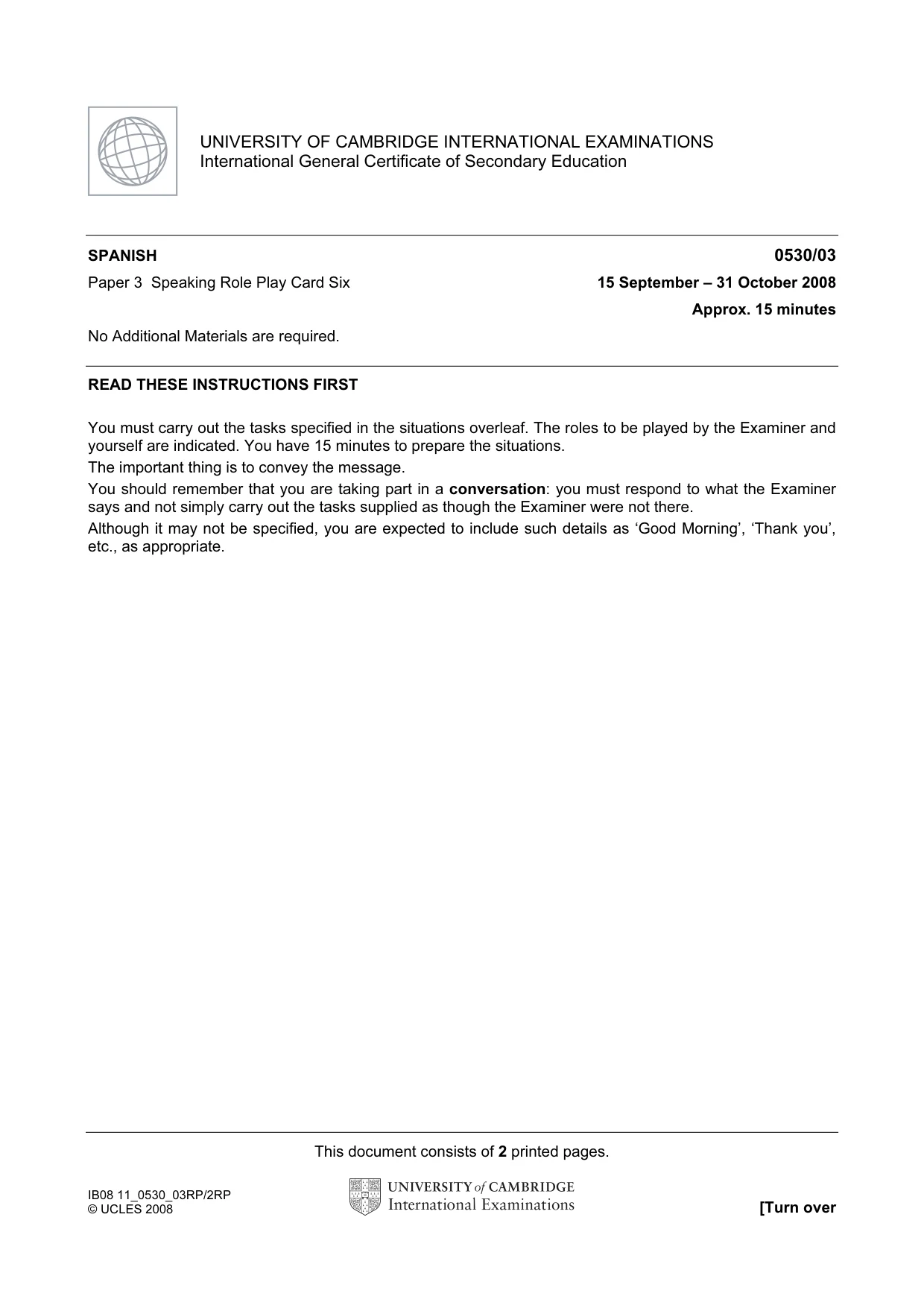 Cambridge IGCSE Spanish - Foreign Language 0530 2008 Oct/Nov Paper 3 · Variant 1 question paper, page 11 of 18