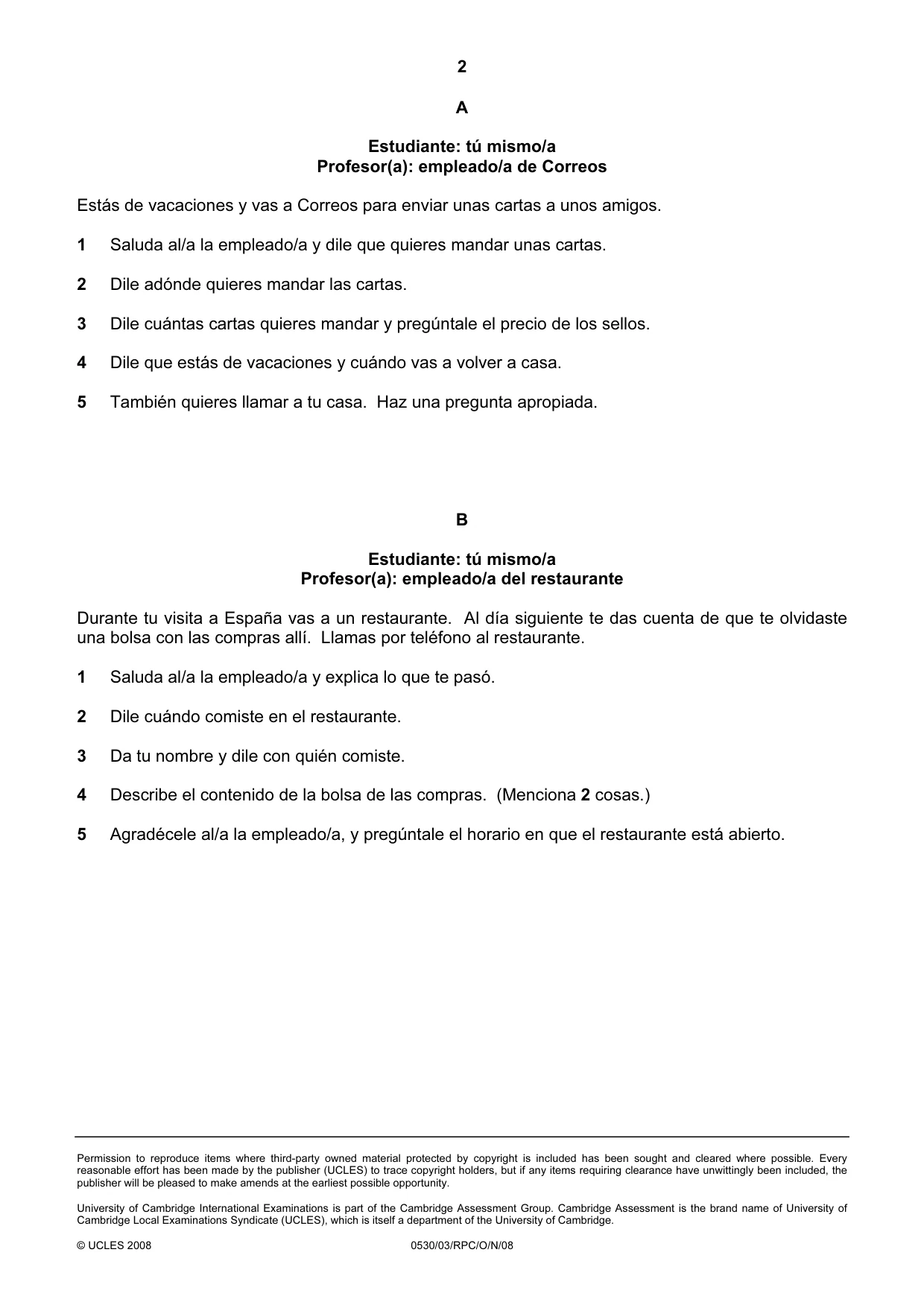 Cambridge IGCSE Spanish - Foreign Language 0530 2008 Oct/Nov Paper 3 · Variant 1 question paper, page 18 of 18