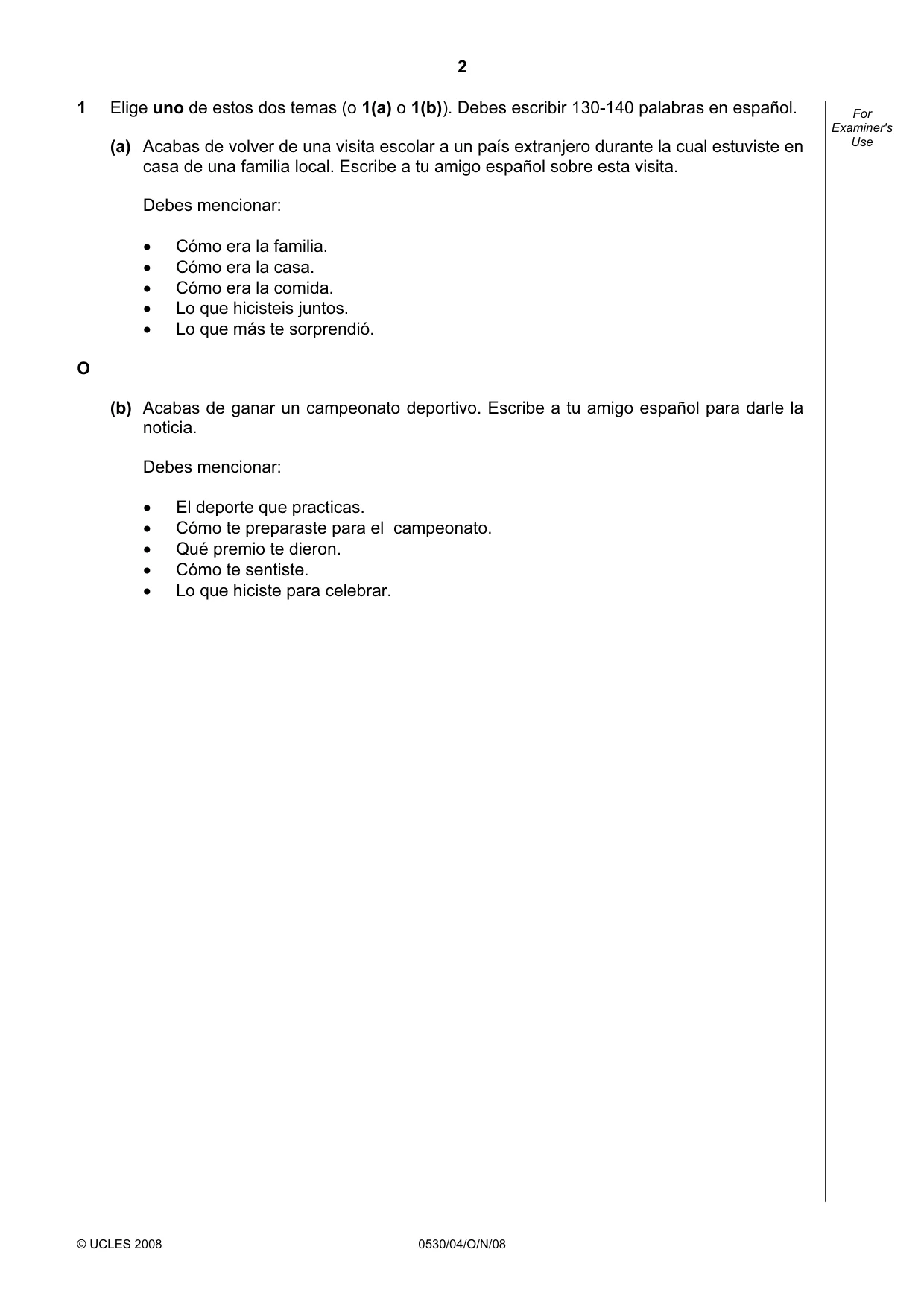 Cambridge IGCSE Spanish - Foreign Language 0530 2008 Oct/Nov Paper 4 · Variant 1 question paper, page 2 of 4