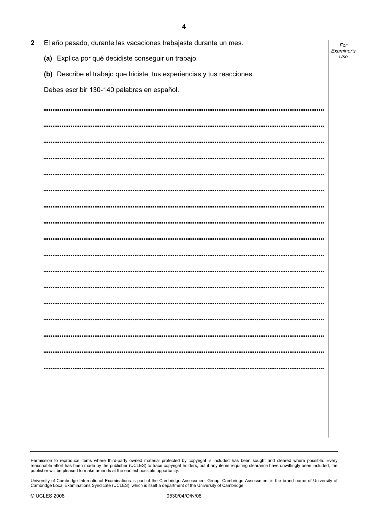 Cambridge IGCSE Spanish - Foreign Language 0530 2008 Oct/Nov Paper 4 · Variant 1 question paper, page 4 of 4