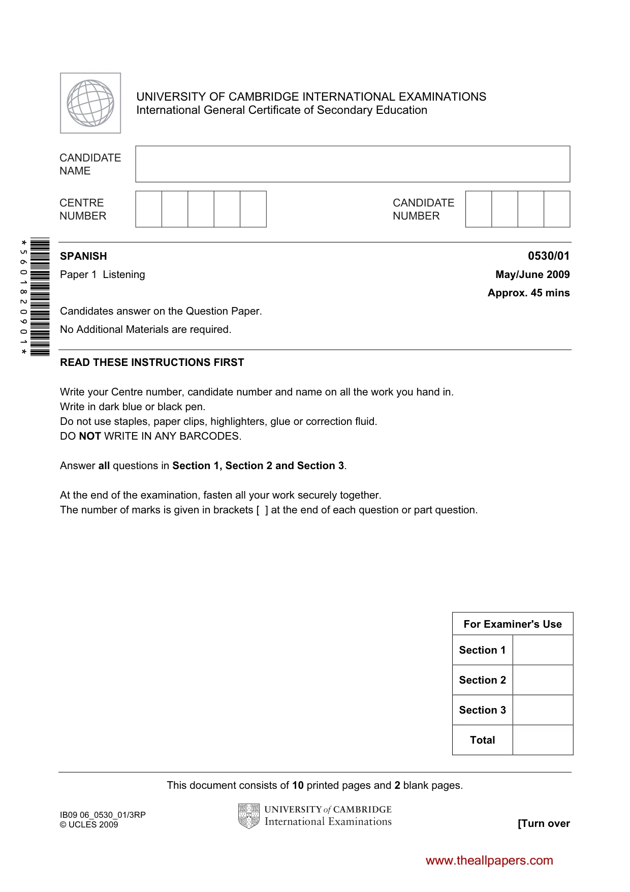 Cambridge IGCSE Spanish - Foreign Language 0530 2009 May/June Paper 1 · Variant 1 question paper, page 1 of 12