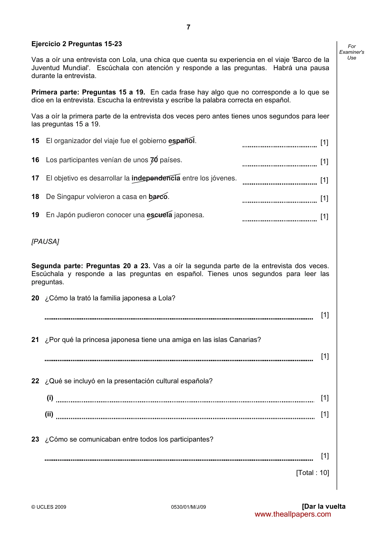 Cambridge IGCSE Spanish - Foreign Language 0530 2009 May/June Paper 1 · Variant 1 question paper, page 7 of 12