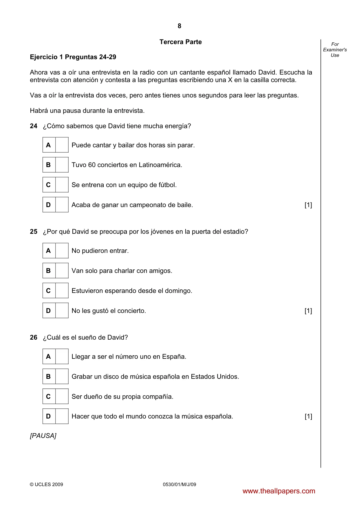 Cambridge IGCSE Spanish - Foreign Language 0530 2009 May/June Paper 1 · Variant 1 question paper, page 8 of 12