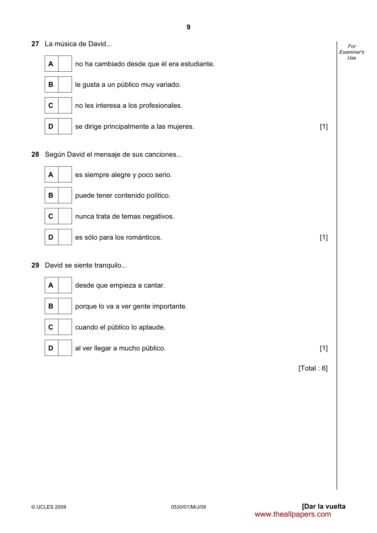 Cambridge IGCSE Spanish - Foreign Language 0530 2009 May/June Paper 1 · Variant 1 question paper, page 9 of 12
