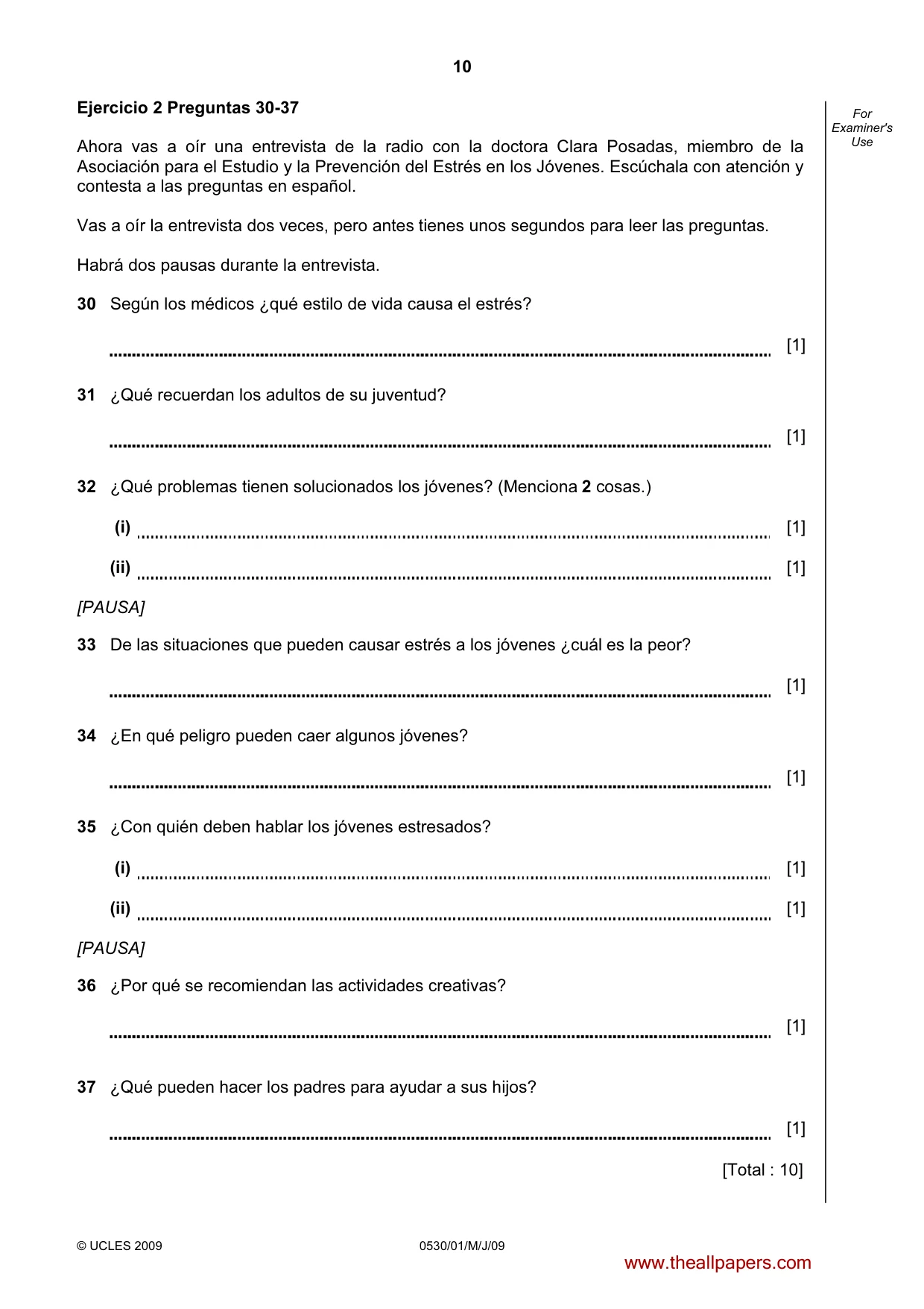 Cambridge IGCSE Spanish - Foreign Language 0530 2009 May/June Paper 1 · Variant 1 question paper, page 10 of 12
