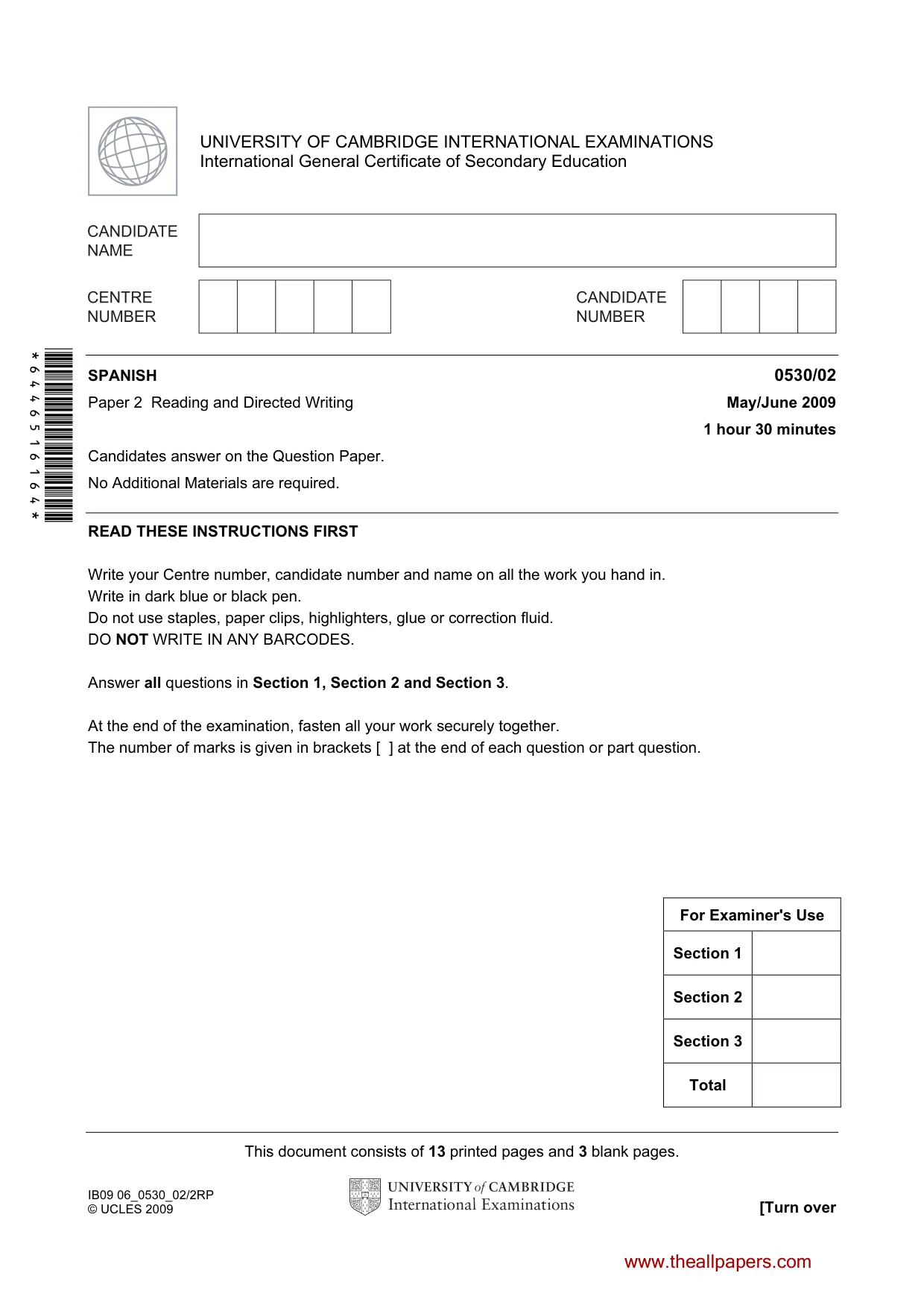 Cambridge IGCSE Spanish - Foreign Language 0530 2009 May/June Paper 2 · Variant 1 question paper, page 1 of 16
