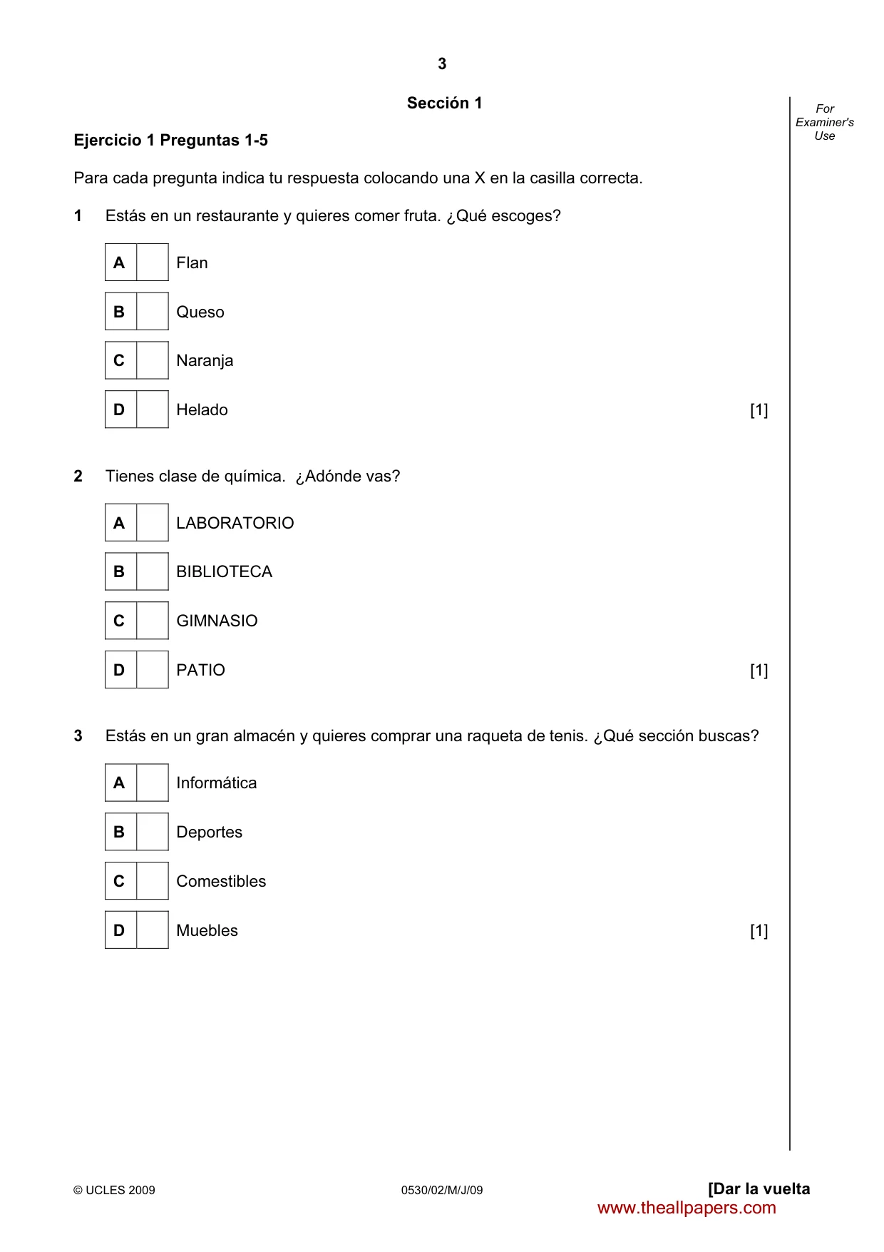 Cambridge IGCSE Spanish - Foreign Language 0530 2009 May/June Paper 2 · Variant 1 question paper, page 3 of 16