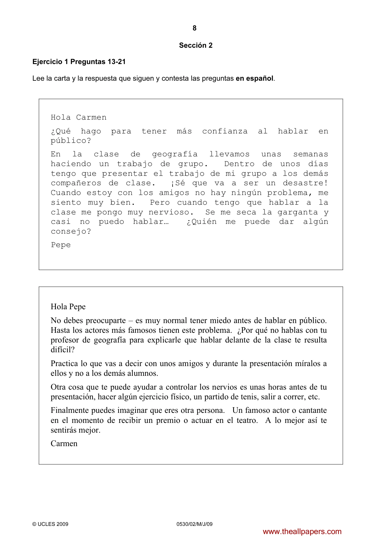 Cambridge IGCSE Spanish - Foreign Language 0530 2009 May/June Paper 2 · Variant 1 question paper, page 8 of 16