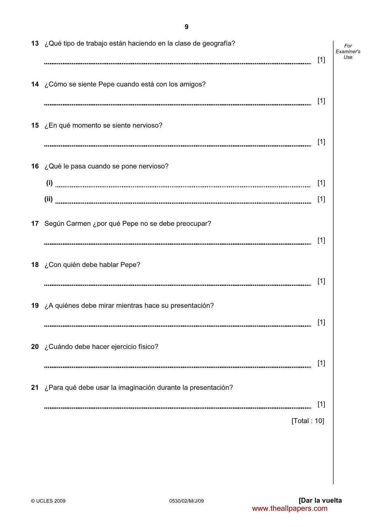 Cambridge IGCSE Spanish - Foreign Language 0530 2009 May/June Paper 2 · Variant 1 question paper, page 9 of 16