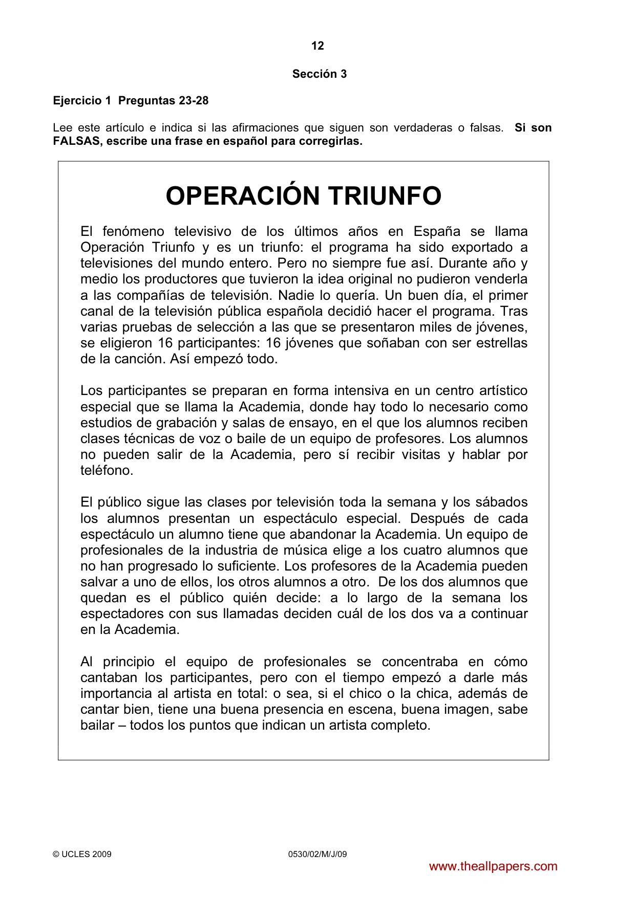 Cambridge IGCSE Spanish - Foreign Language 0530 2009 May/June Paper 2 · Variant 1 question paper, page 12 of 16