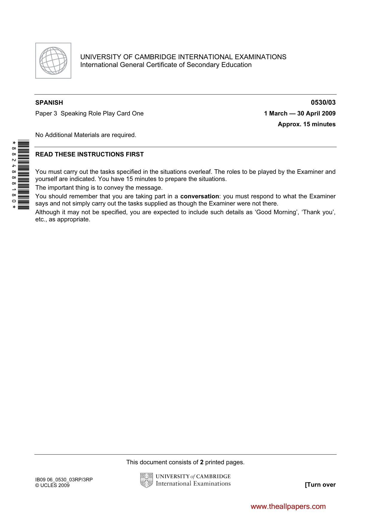 Cambridge IGCSE Spanish - Foreign Language 0530 2009 May/June Paper 3 · Variant 1 question paper, page 1 of 18