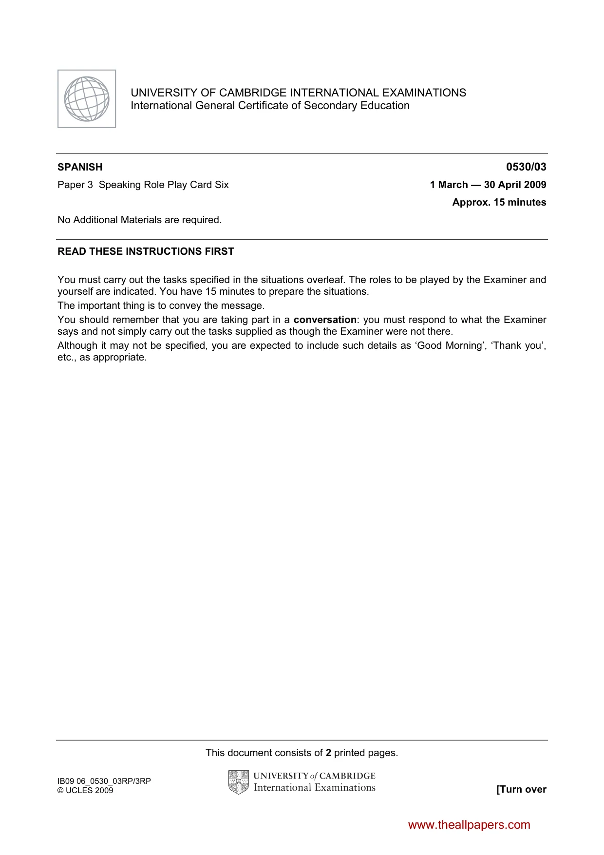 Cambridge IGCSE Spanish - Foreign Language 0530 2009 May/June Paper 3 · Variant 1 question paper, page 11 of 18