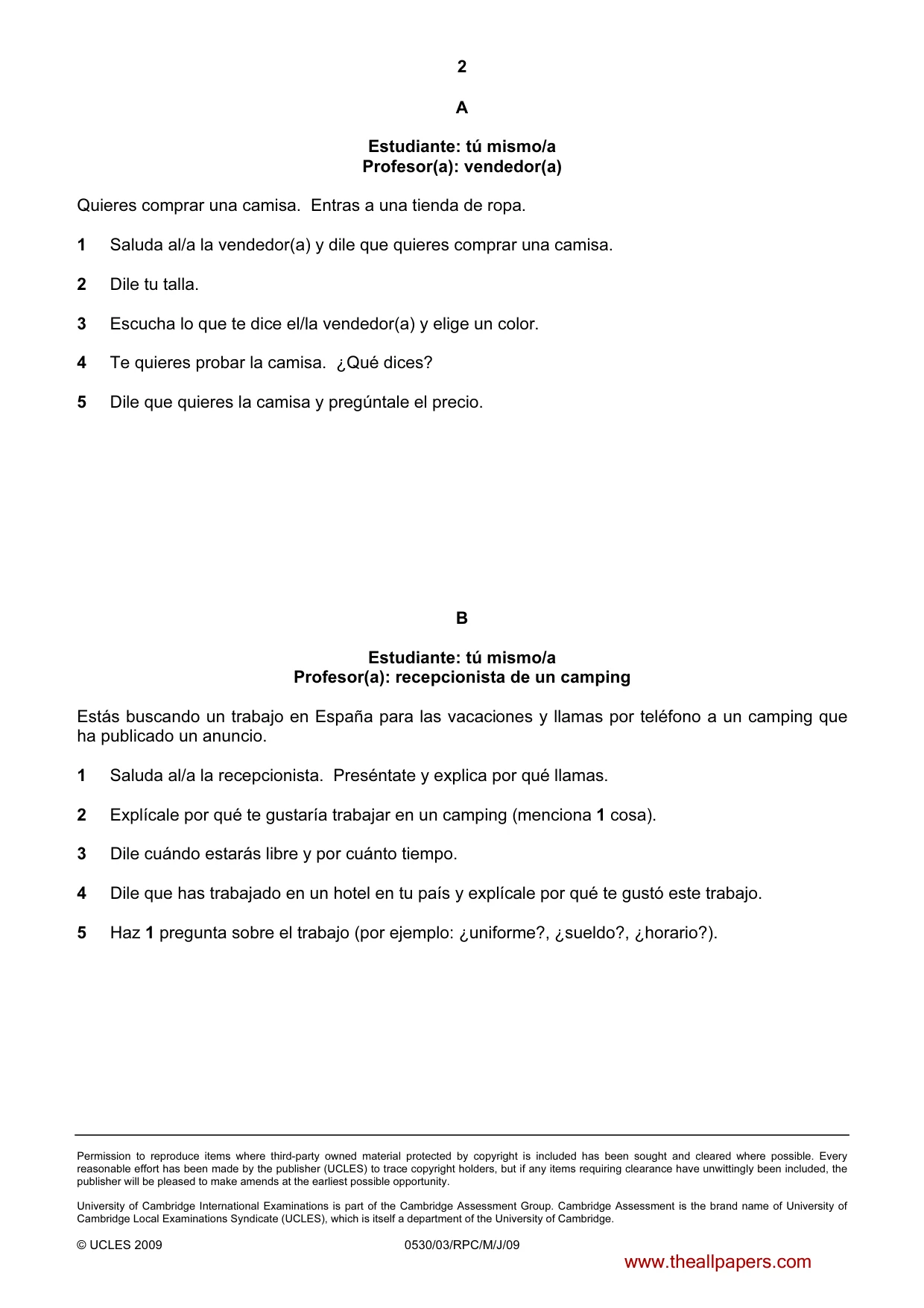 Cambridge IGCSE Spanish - Foreign Language 0530 2009 May/June Paper 3 · Variant 1 question paper, page 18 of 18