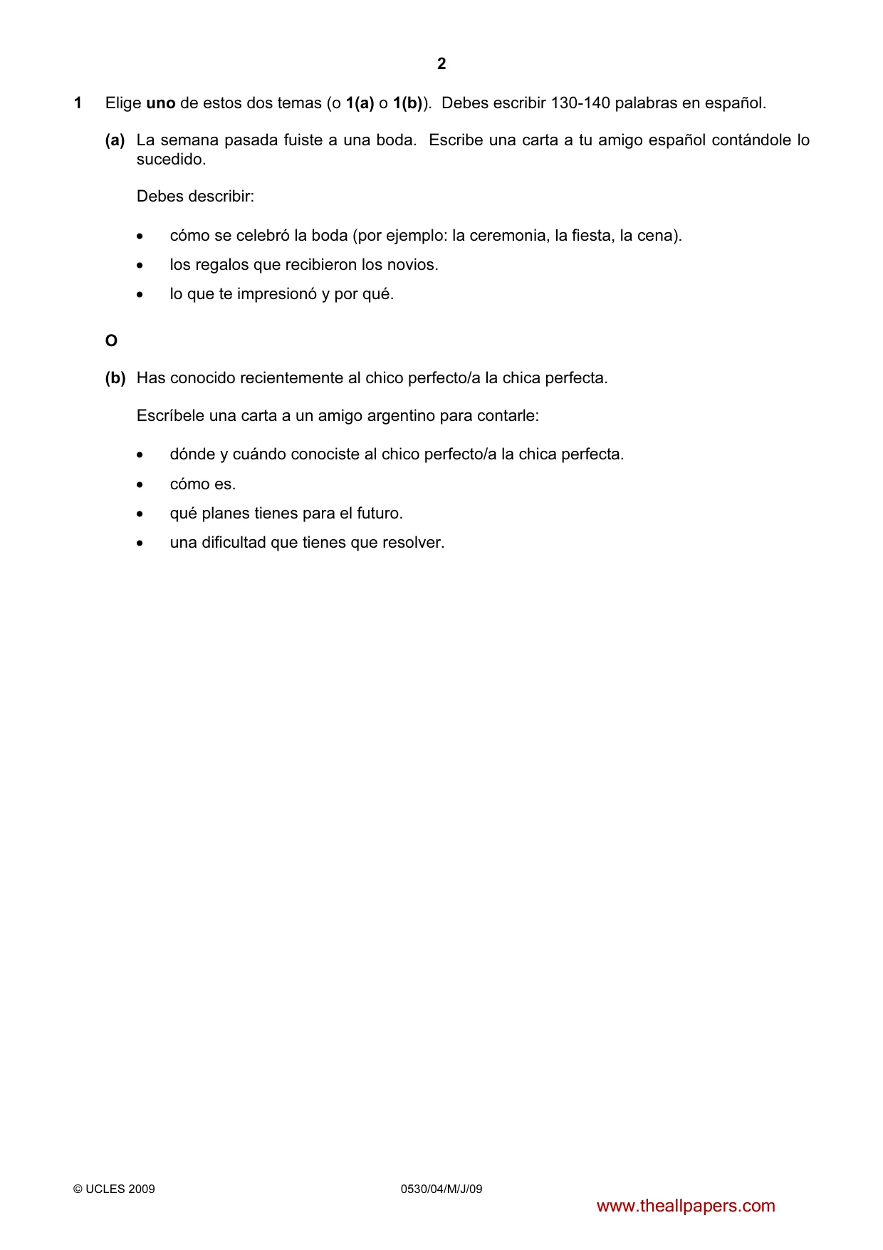 Cambridge IGCSE Spanish - Foreign Language 0530 2009 May/June Paper 4 · Variant 1 question paper, page 2 of 4