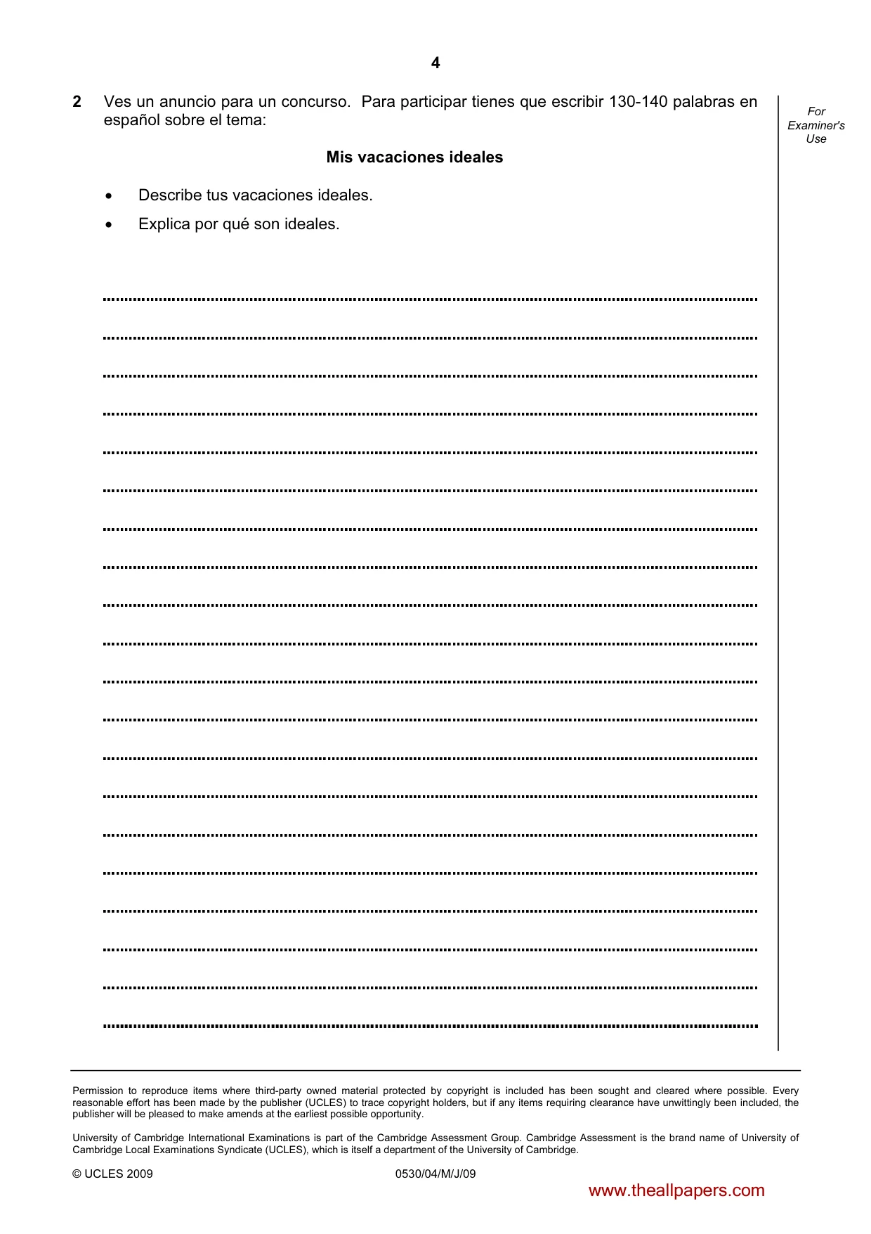Cambridge IGCSE Spanish - Foreign Language 0530 2009 May/June Paper 4 · Variant 1 question paper, page 4 of 4