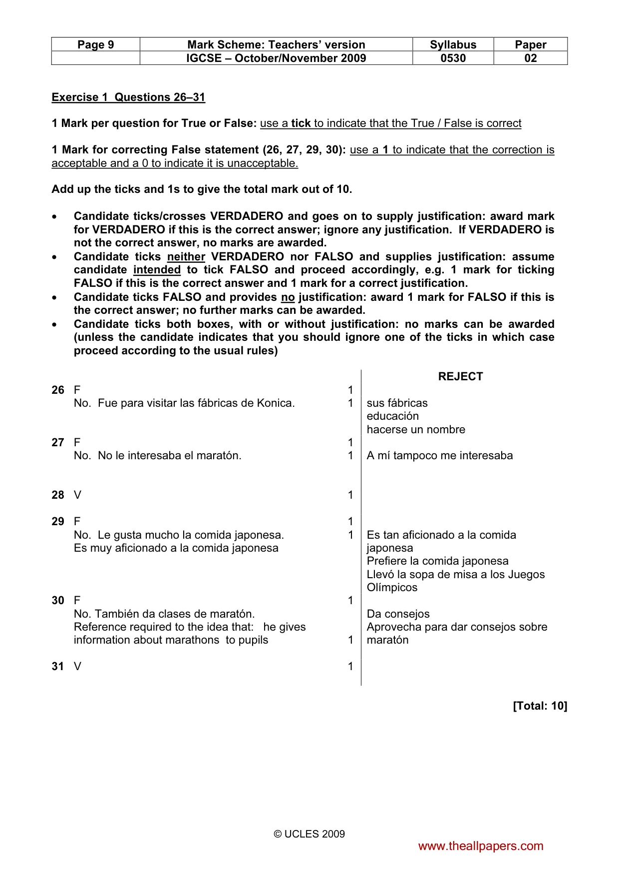 Mark scheme, page 9 of 10