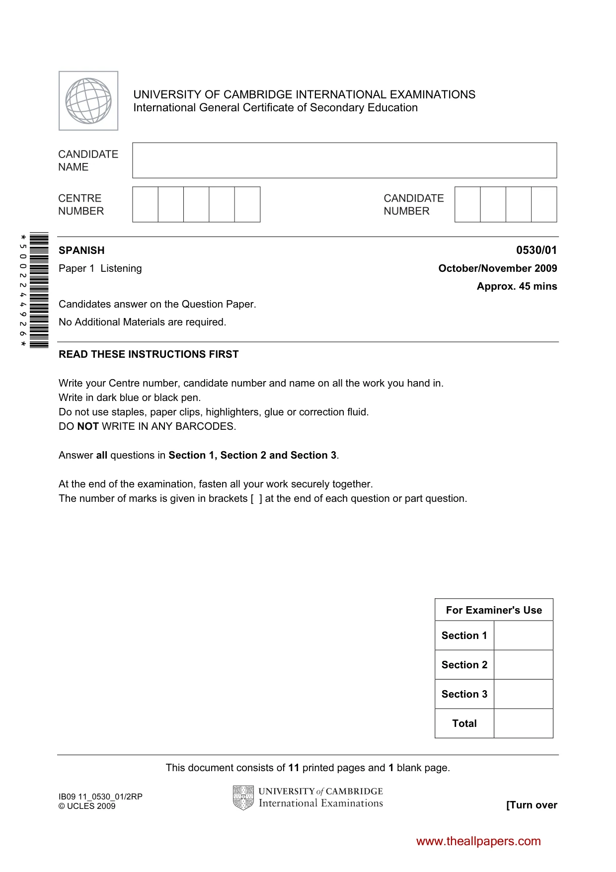 Cambridge IGCSE Spanish - Foreign Language 0530 2009 Oct/Nov Paper 1 · Variant 1 question paper, page 1 of 12