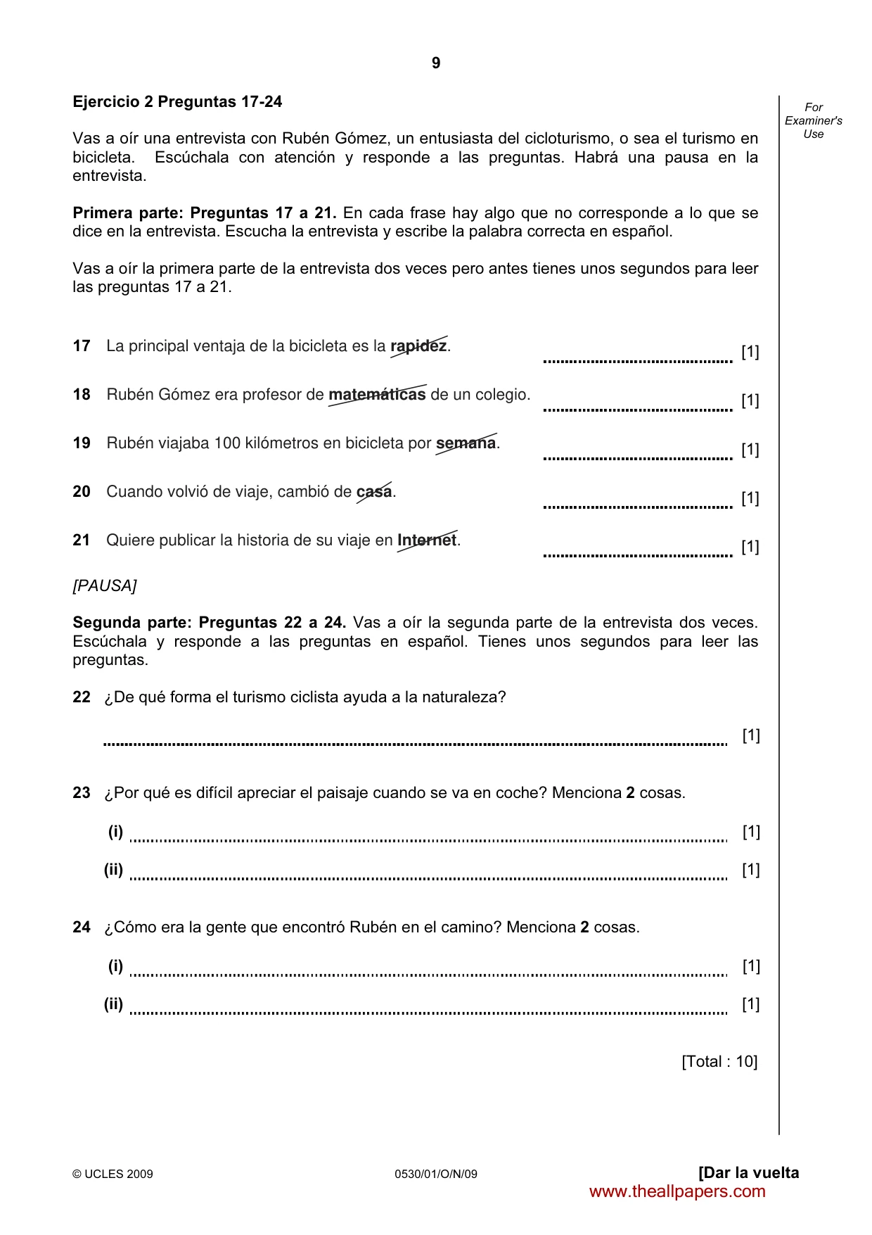 Cambridge IGCSE Spanish - Foreign Language 0530 2009 Oct/Nov Paper 1 · Variant 1 question paper, page 9 of 12