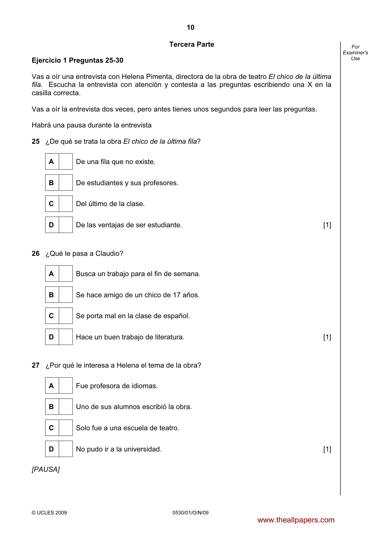 Cambridge IGCSE Spanish - Foreign Language 0530 2009 Oct/Nov Paper 1 · Variant 1 question paper, page 10 of 12