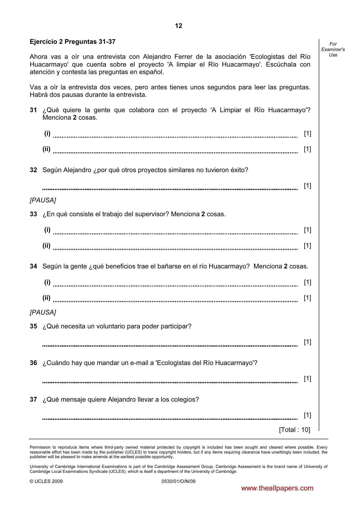 Cambridge IGCSE Spanish - Foreign Language 0530 2009 Oct/Nov Paper 1 · Variant 1 question paper, page 12 of 12