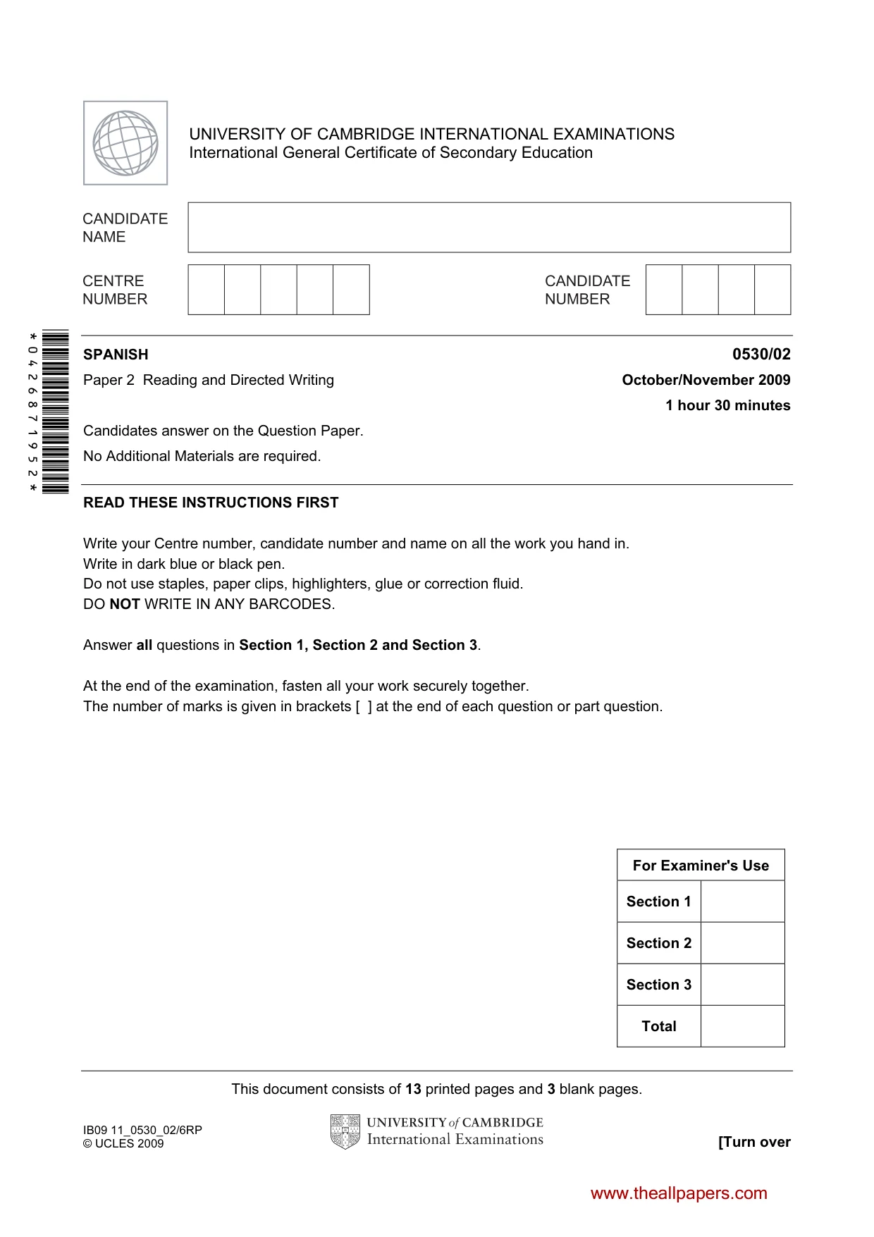 Cambridge IGCSE Spanish - Foreign Language 0530 2009 Oct/Nov Paper 2 · Variant 1 question paper, page 1 of 16