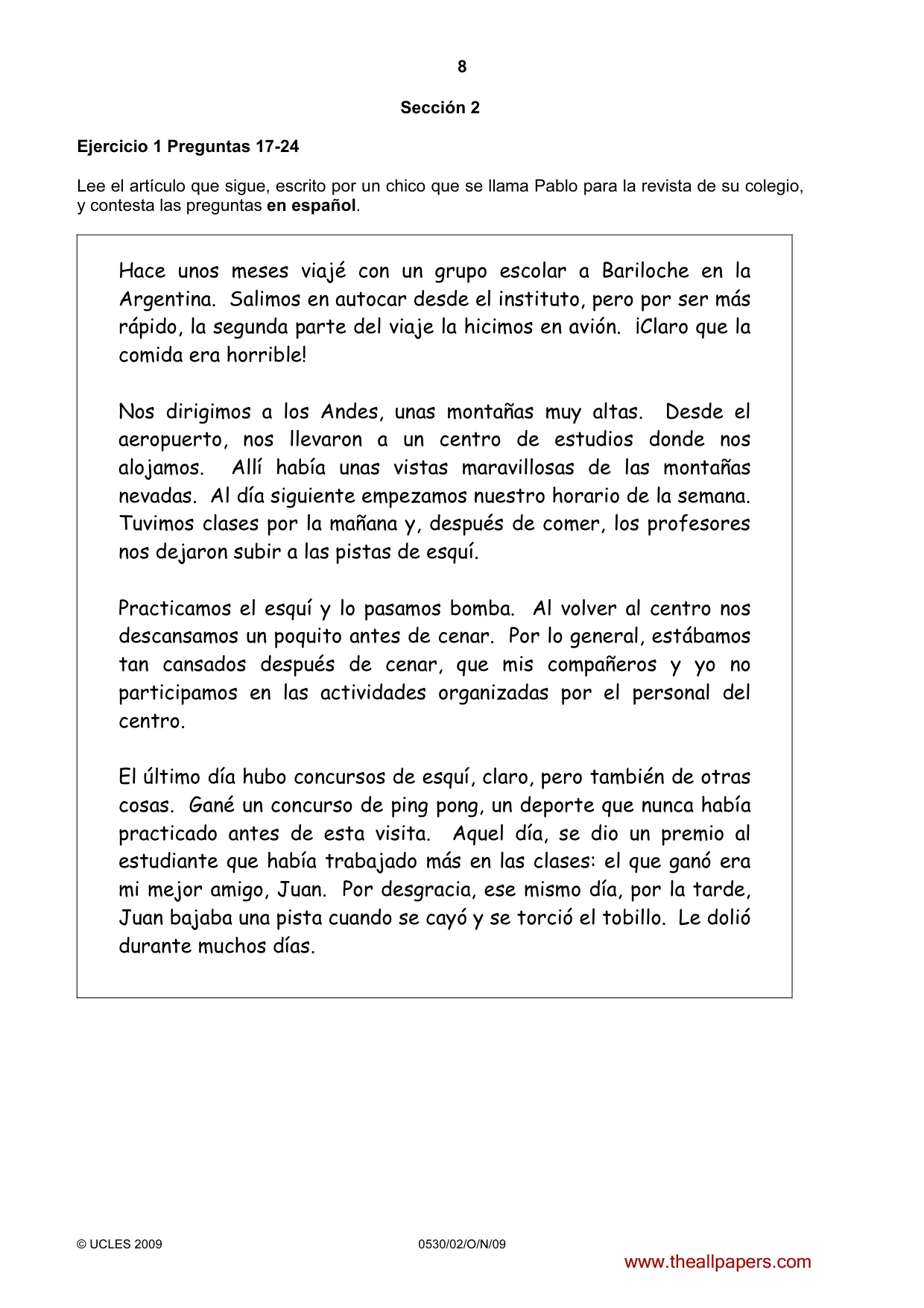 Cambridge IGCSE Spanish - Foreign Language 0530 2009 Oct/Nov Paper 2 · Variant 1 question paper, page 8 of 16