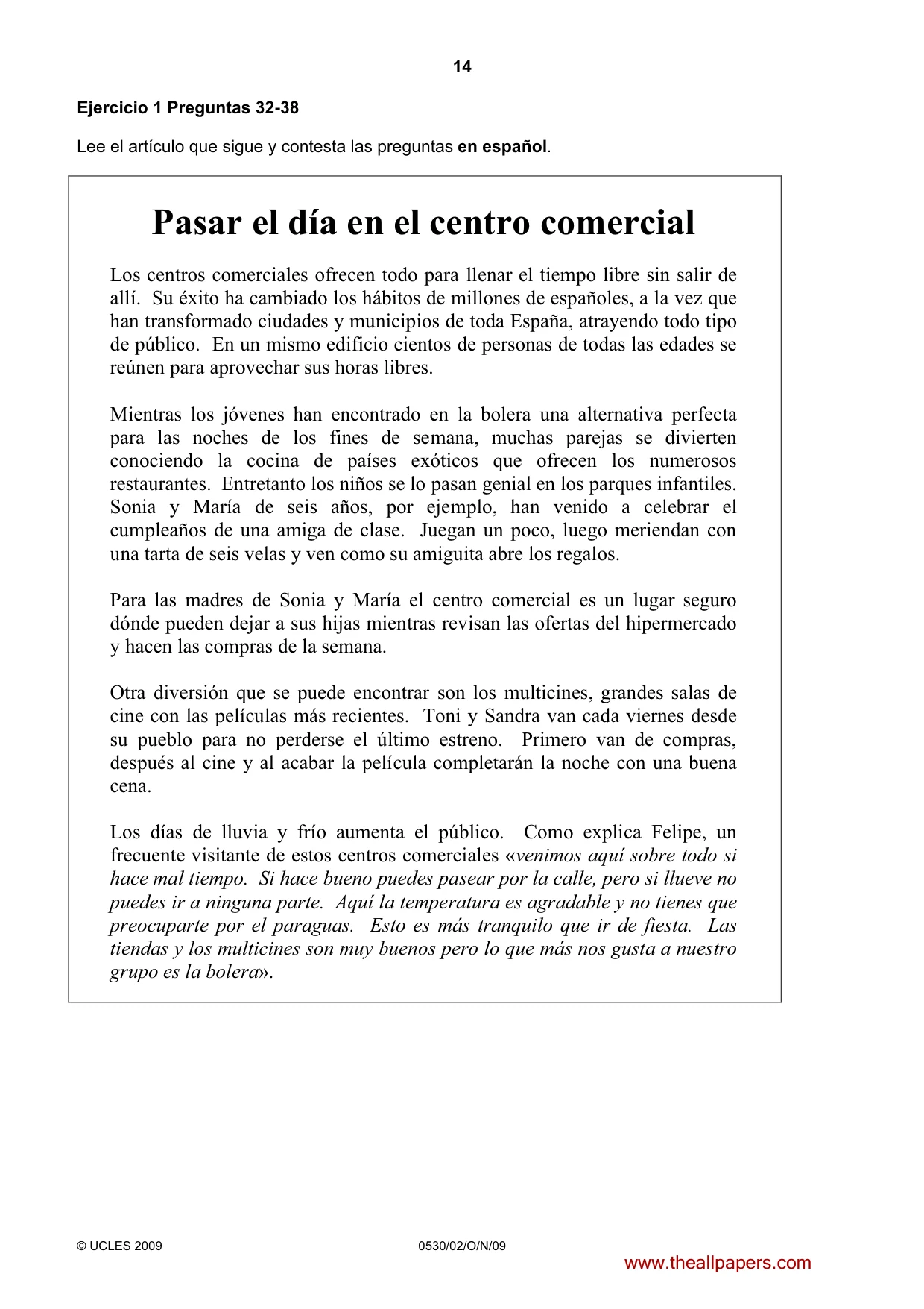 Cambridge IGCSE Spanish - Foreign Language 0530 2009 Oct/Nov Paper 2 · Variant 1 question paper, page 14 of 16