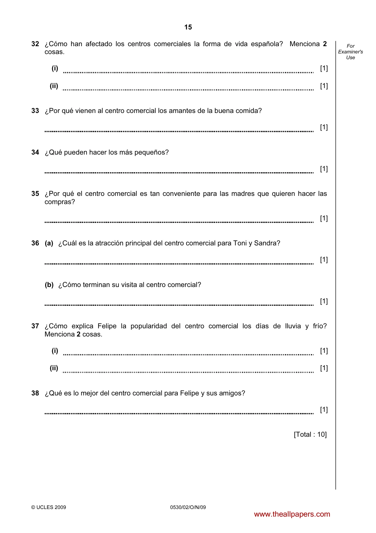 Cambridge IGCSE Spanish - Foreign Language 0530 2009 Oct/Nov Paper 2 · Variant 1 question paper, page 15 of 16