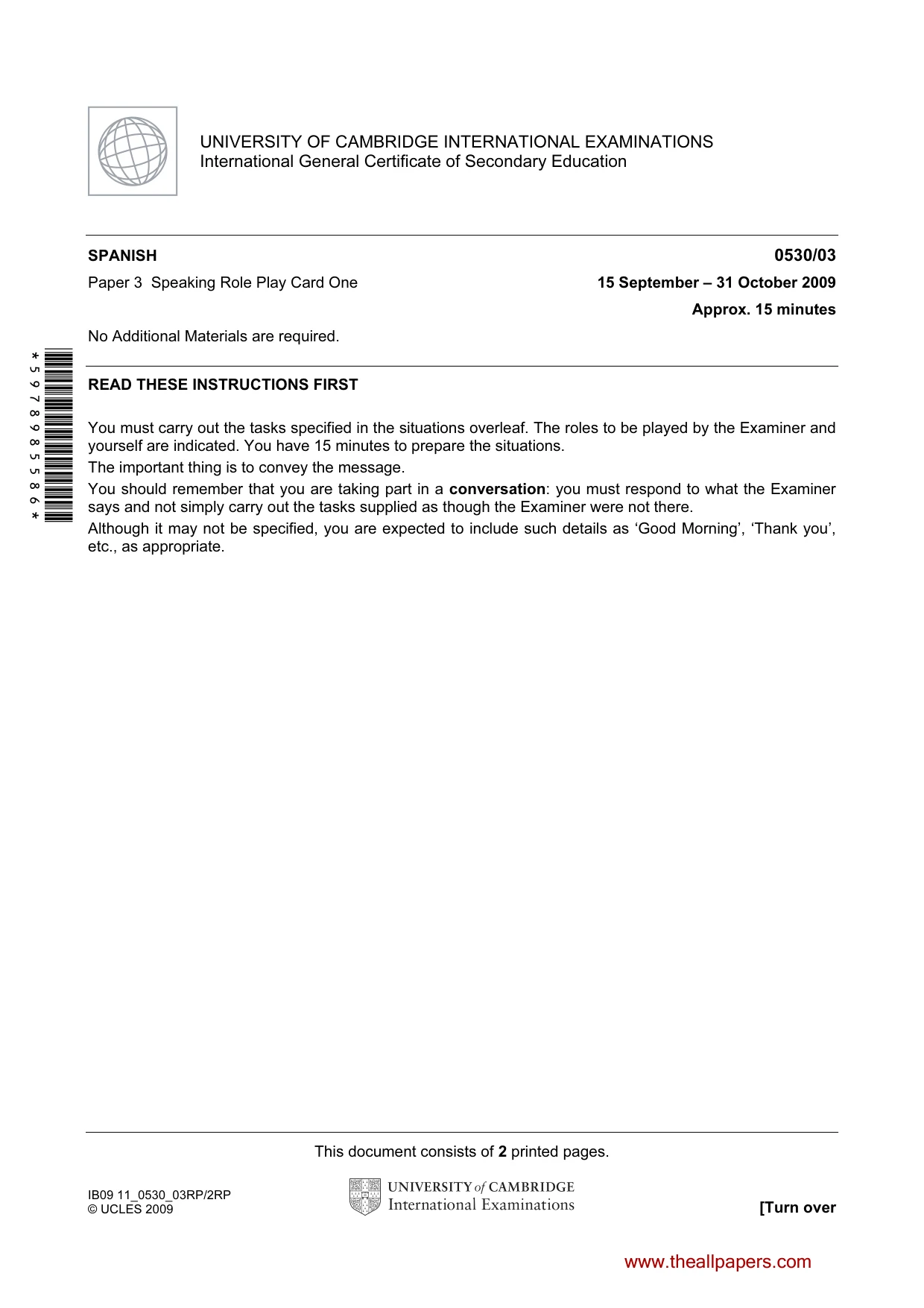 Cambridge IGCSE Spanish - Foreign Language 0530 2009 Oct/Nov Paper 3 · Variant 1 question paper, page 1 of 18