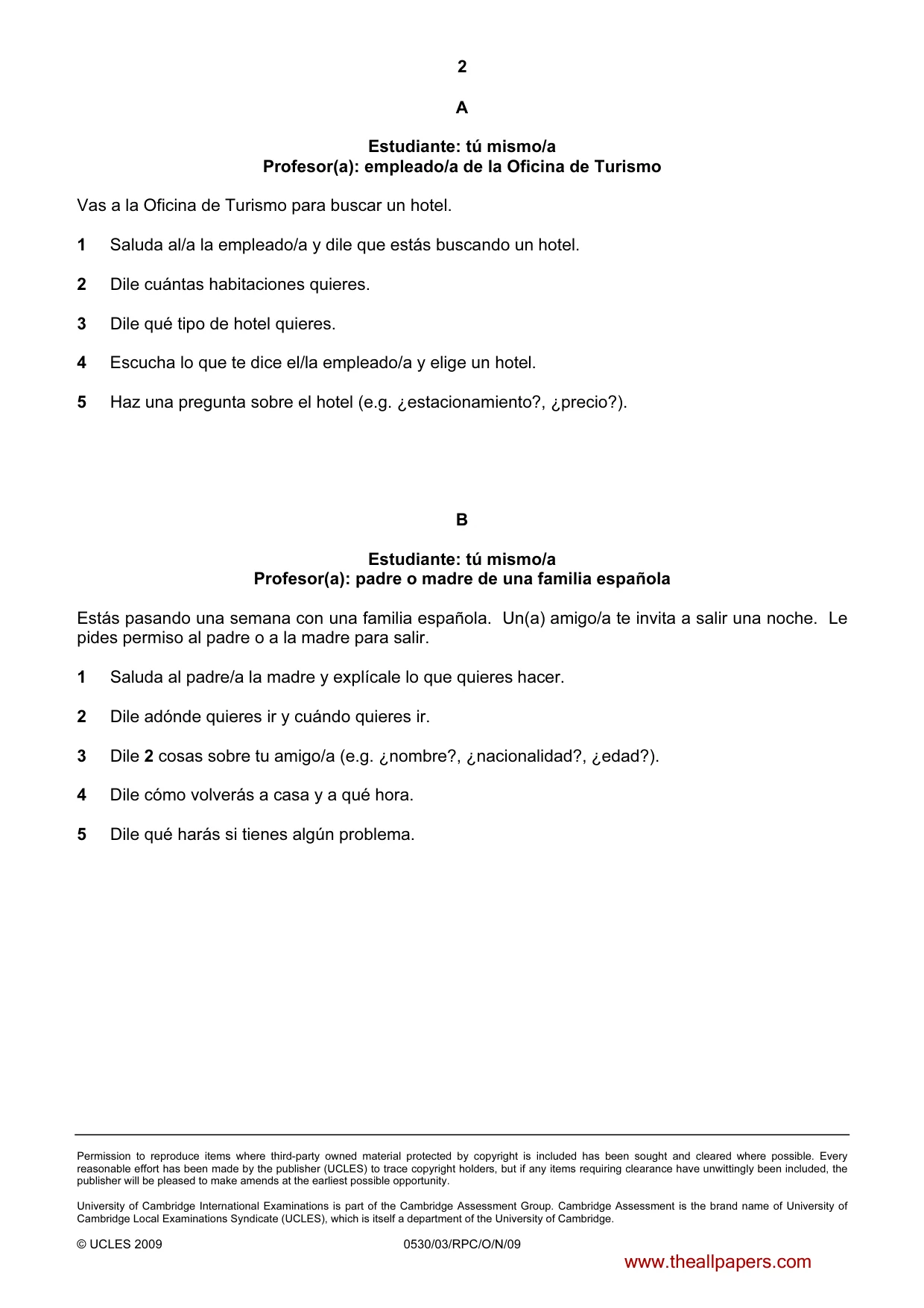 Cambridge IGCSE Spanish - Foreign Language 0530 2009 Oct/Nov Paper 3 · Variant 1 question paper, page 2 of 18
