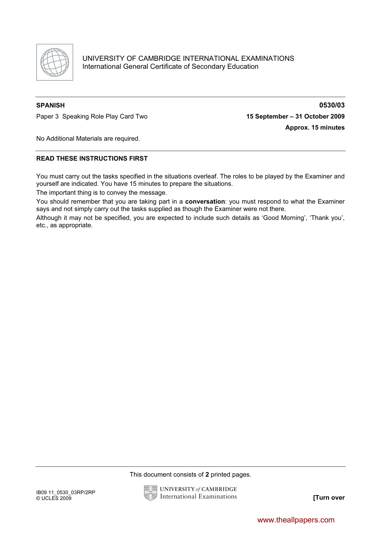 Cambridge IGCSE Spanish - Foreign Language 0530 2009 Oct/Nov Paper 3 · Variant 1 question paper, page 3 of 18