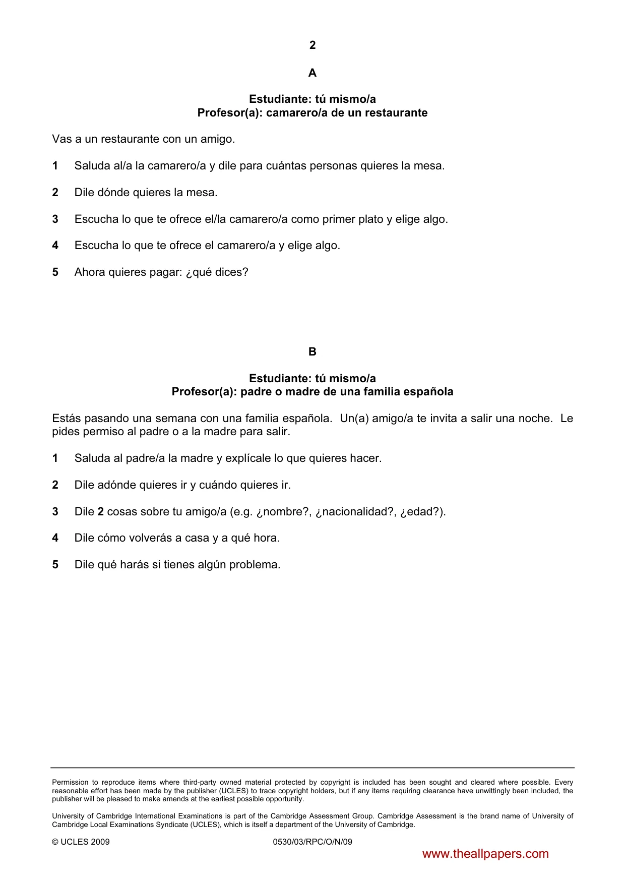 Cambridge IGCSE Spanish - Foreign Language 0530 2009 Oct/Nov Paper 3 · Variant 1 question paper, page 8 of 18