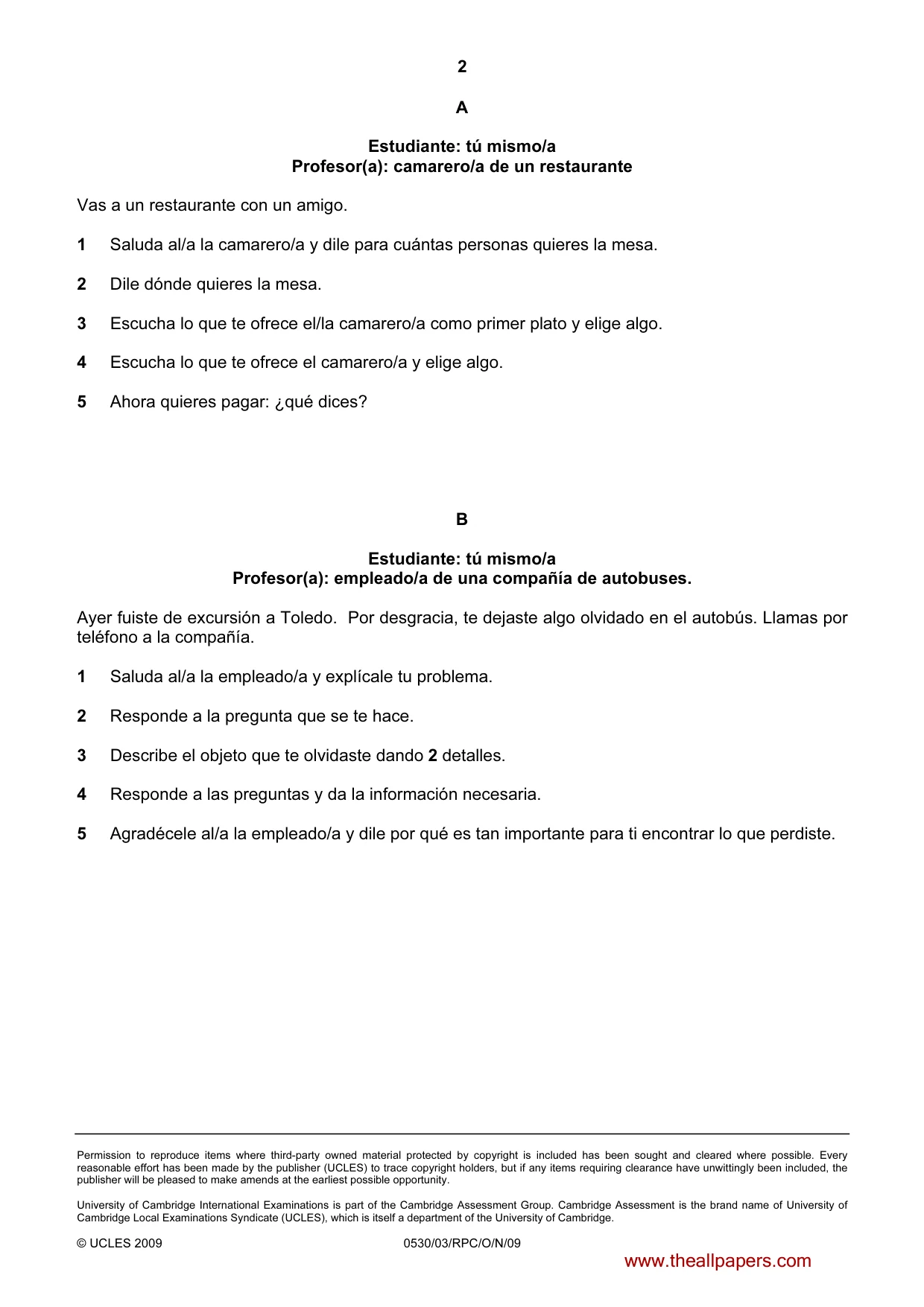 Cambridge IGCSE Spanish - Foreign Language 0530 2009 Oct/Nov Paper 3 · Variant 1 question paper, page 10 of 18