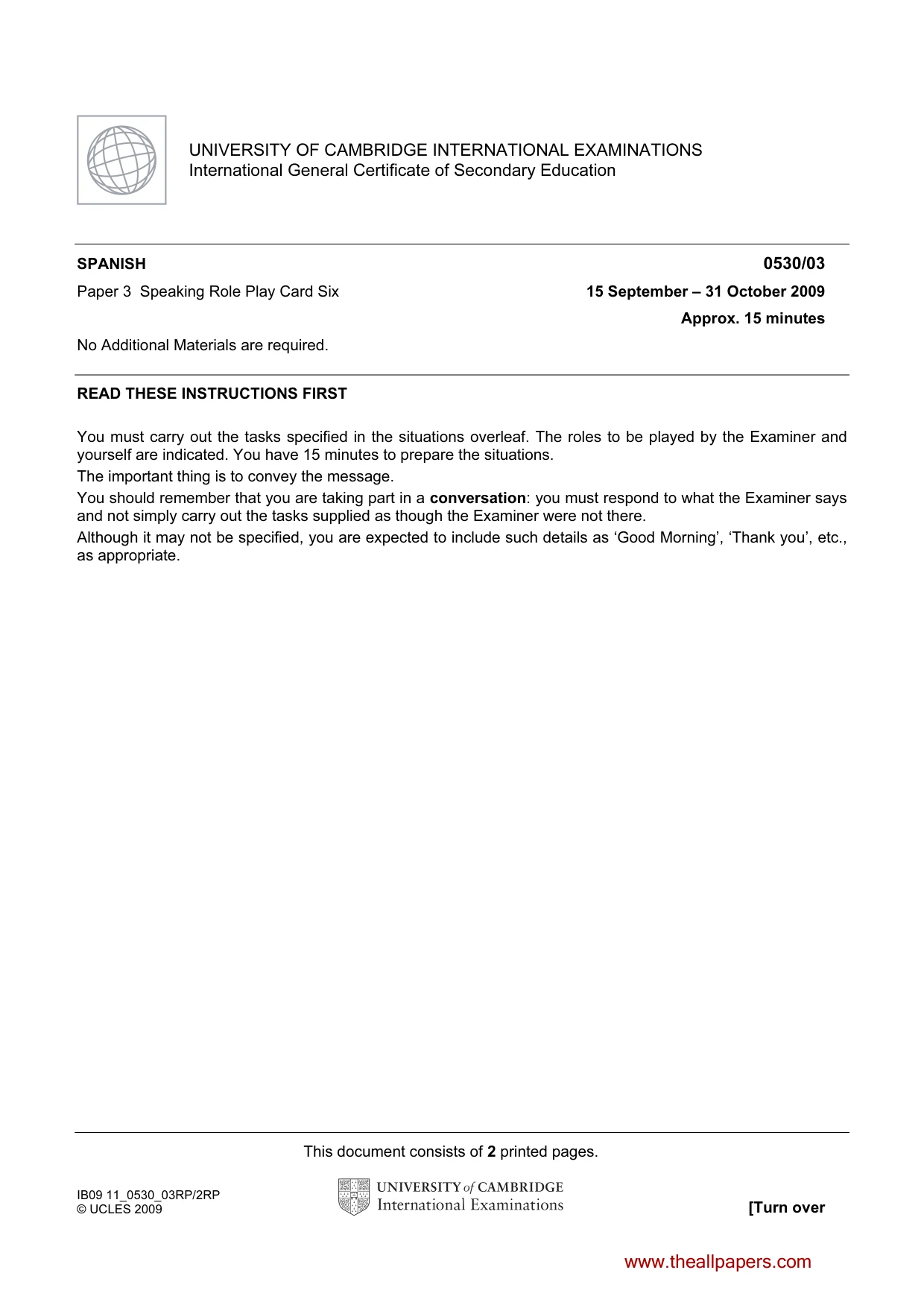 Cambridge IGCSE Spanish - Foreign Language 0530 2009 Oct/Nov Paper 3 · Variant 1 question paper, page 11 of 18