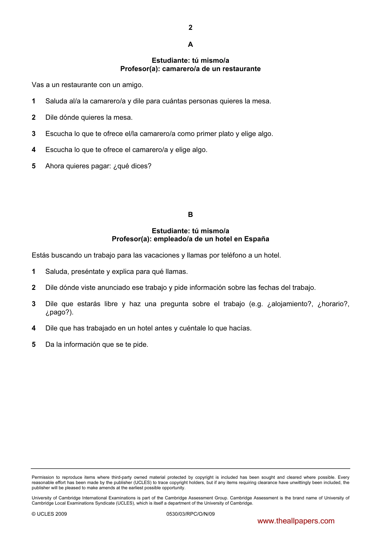 Cambridge IGCSE Spanish - Foreign Language 0530 2009 Oct/Nov Paper 3 · Variant 1 question paper, page 12 of 18