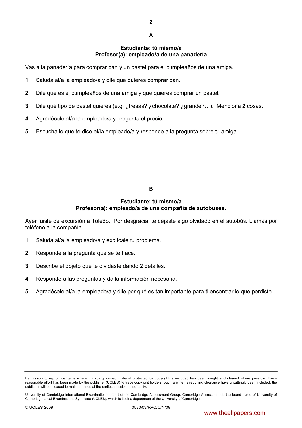 Cambridge IGCSE Spanish - Foreign Language 0530 2009 Oct/Nov Paper 3 · Variant 1 question paper, page 16 of 18