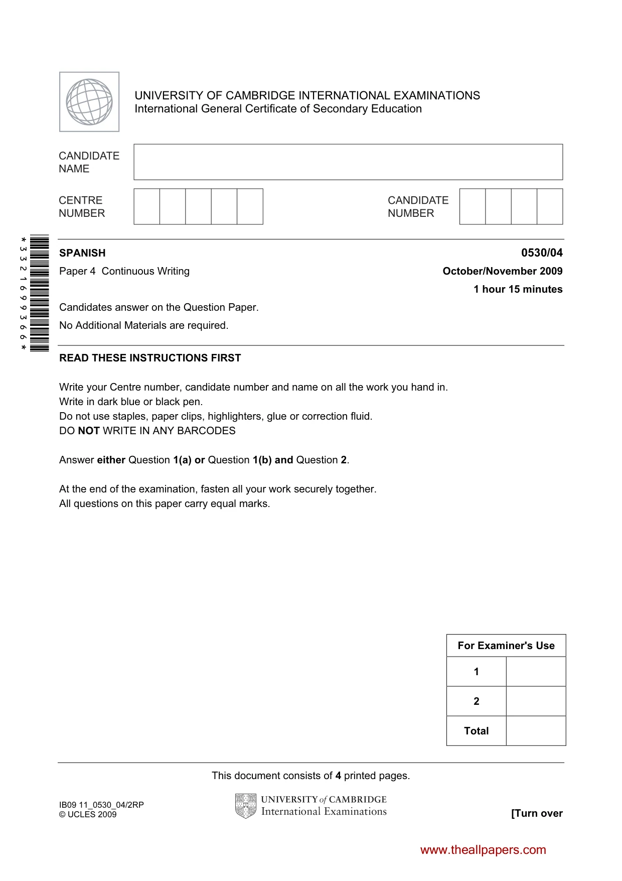Cambridge IGCSE Spanish - Foreign Language 0530 2009 Oct/Nov Paper 4 · Variant 1 question paper, page 1 of 4
