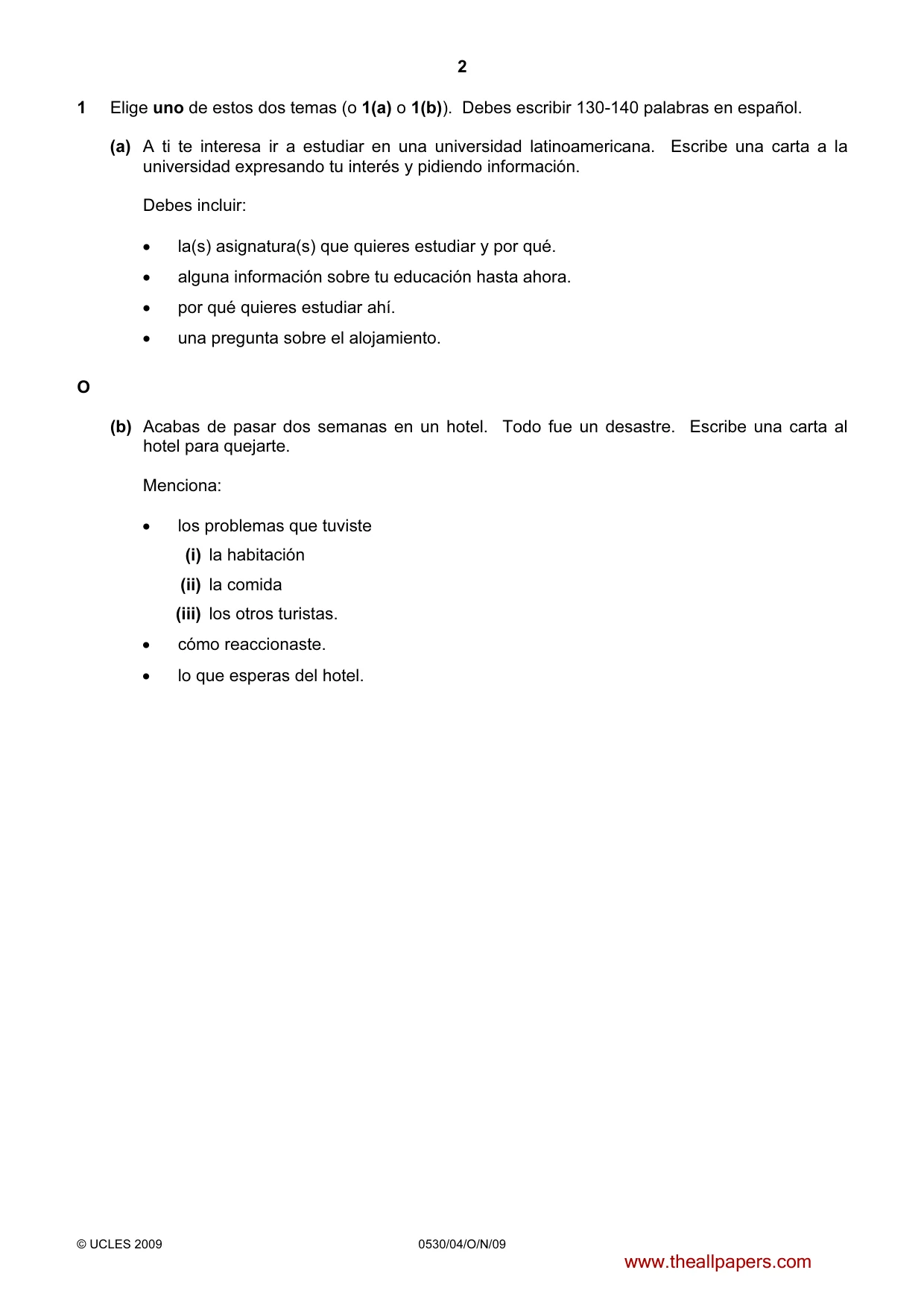 Cambridge IGCSE Spanish - Foreign Language 0530 2009 Oct/Nov Paper 4 · Variant 1 question paper, page 2 of 4