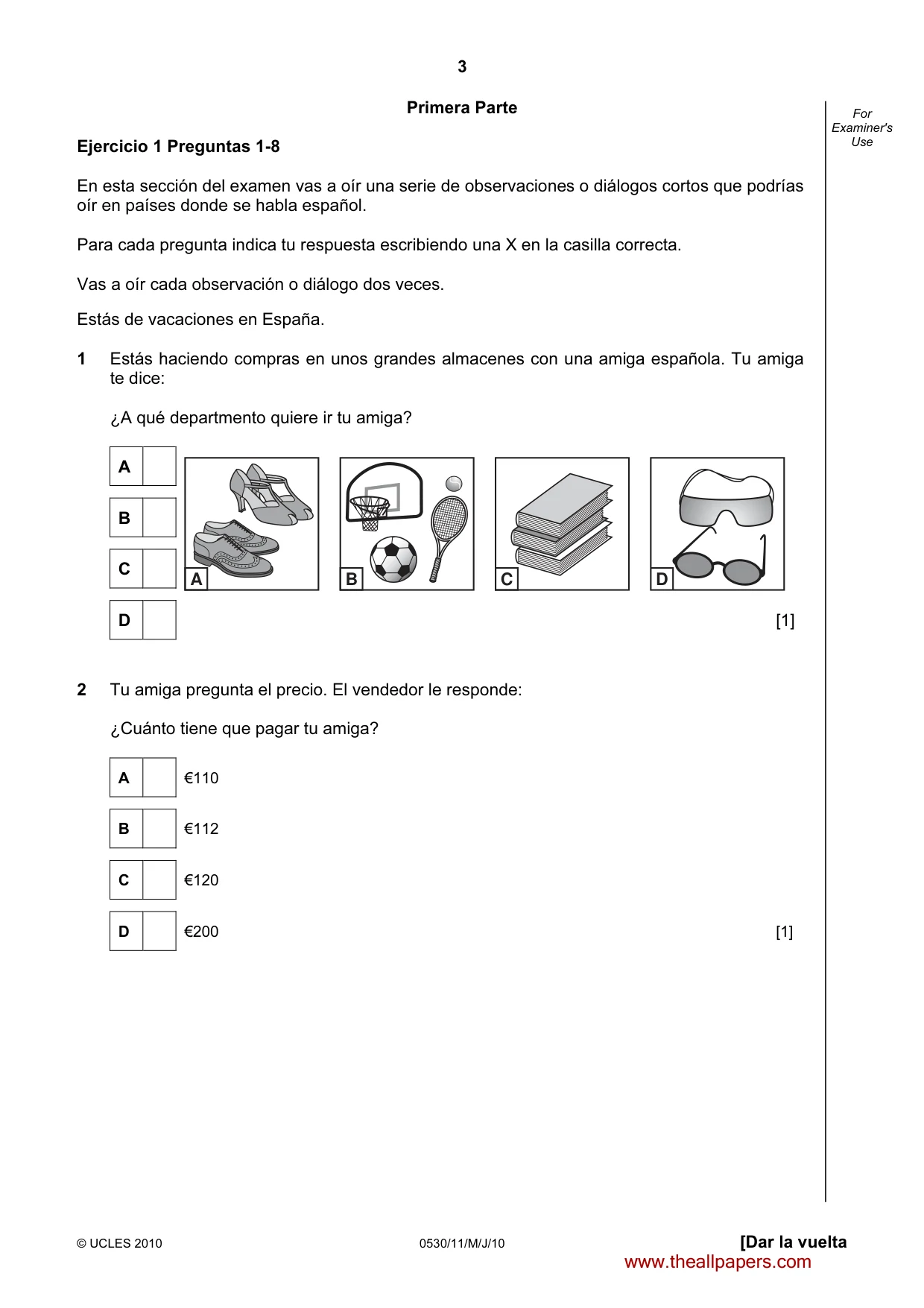 Cambridge IGCSE Spanish - Foreign Language 0530 2010 May/June Paper 1 · Variant 1 question paper, page 3 of 12