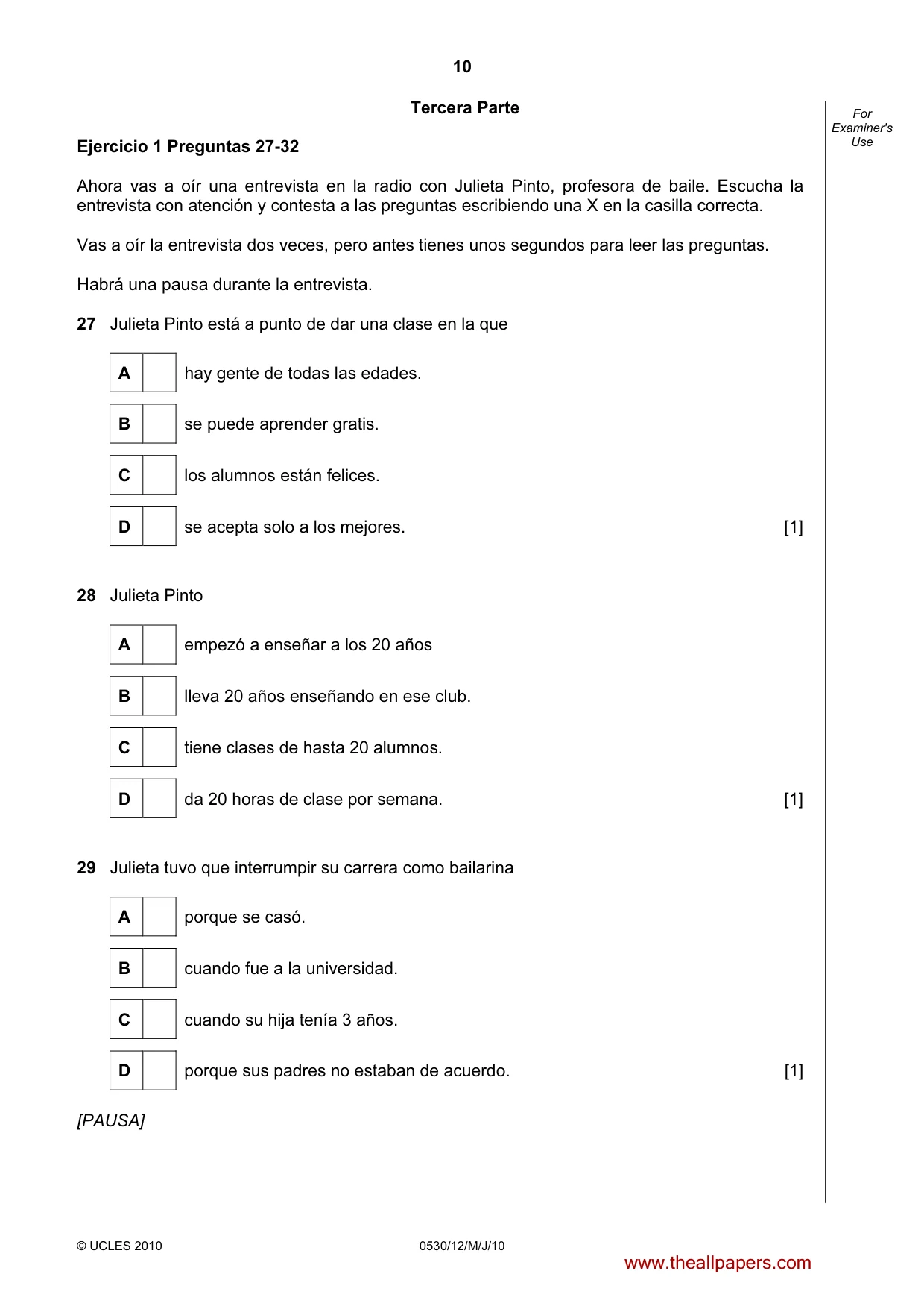 Cambridge IGCSE Spanish - Foreign Language 0530 2010 May/June Paper 1 · Variant 2 question paper, page 10 of 12