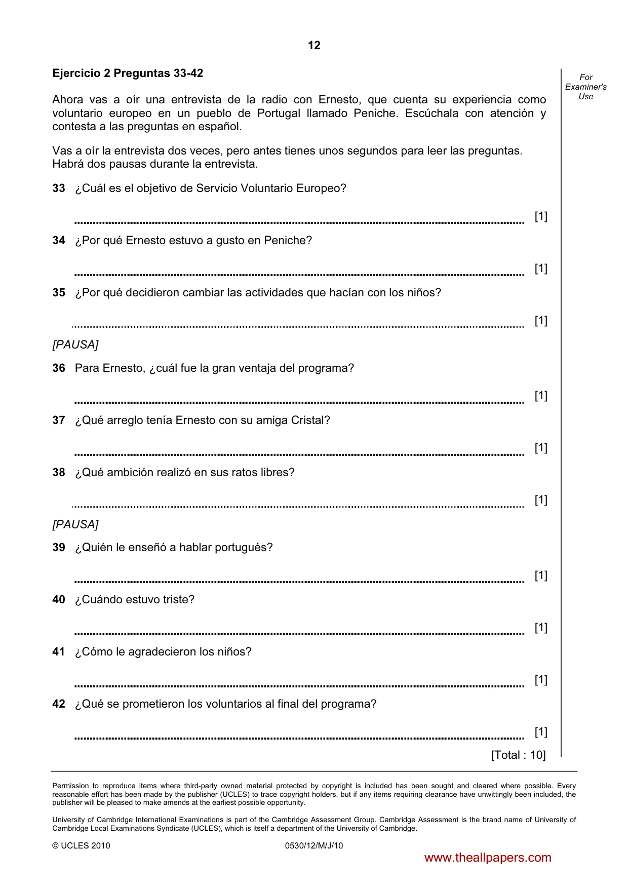 Cambridge IGCSE Spanish - Foreign Language 0530 2010 May/June Paper 1 · Variant 2 question paper, page 12 of 12
