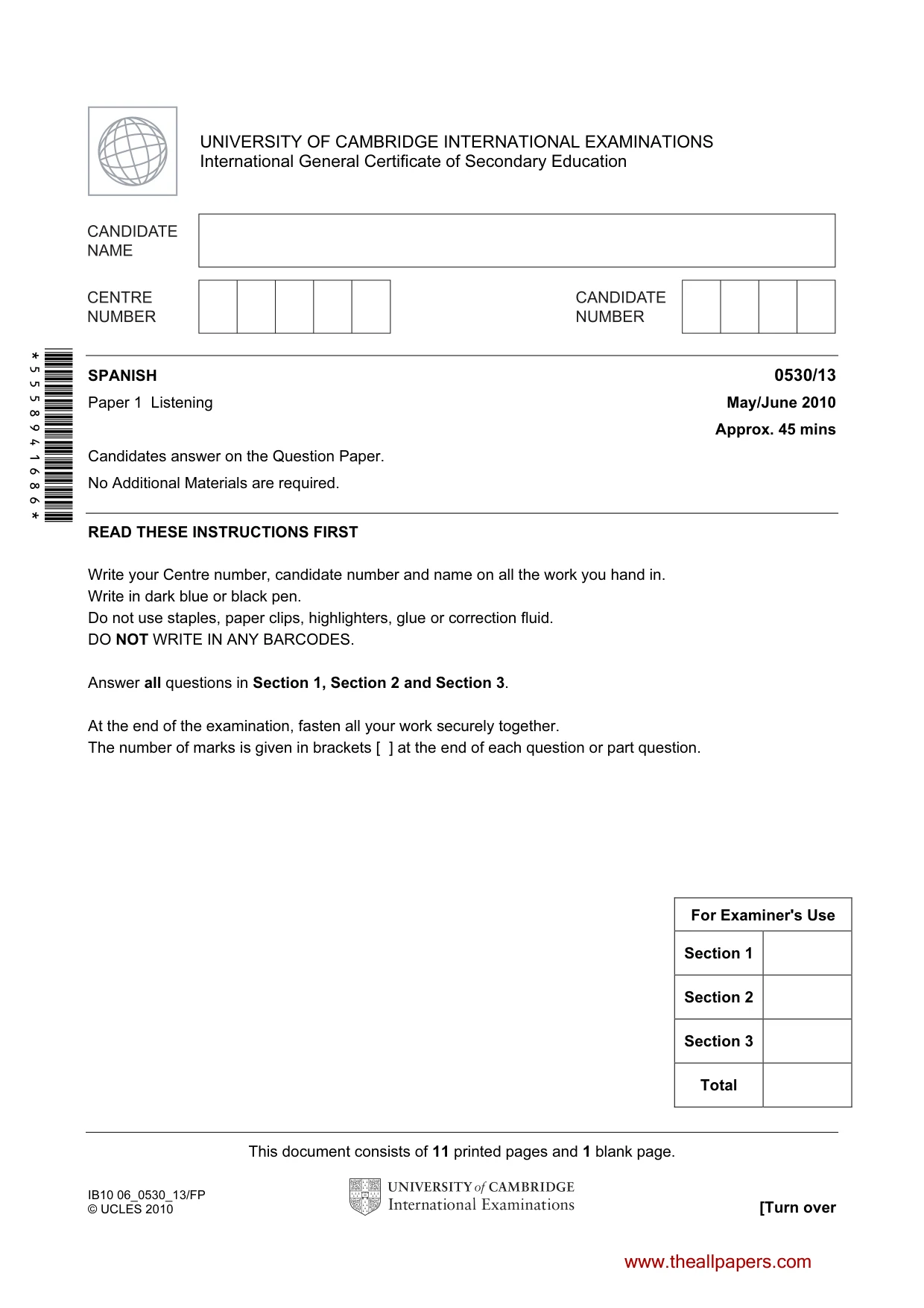 Cambridge IGCSE Spanish - Foreign Language 0530 2010 May/June Paper 1 · Variant 3 question paper, page 1 of 12