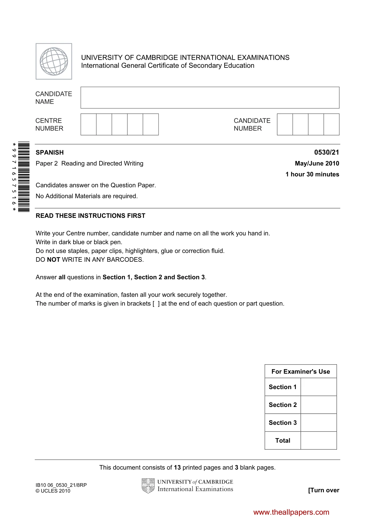 Cambridge IGCSE Spanish - Foreign Language 0530 2010 May/June Paper 2 · Variant 1 question paper, page 1 of 16