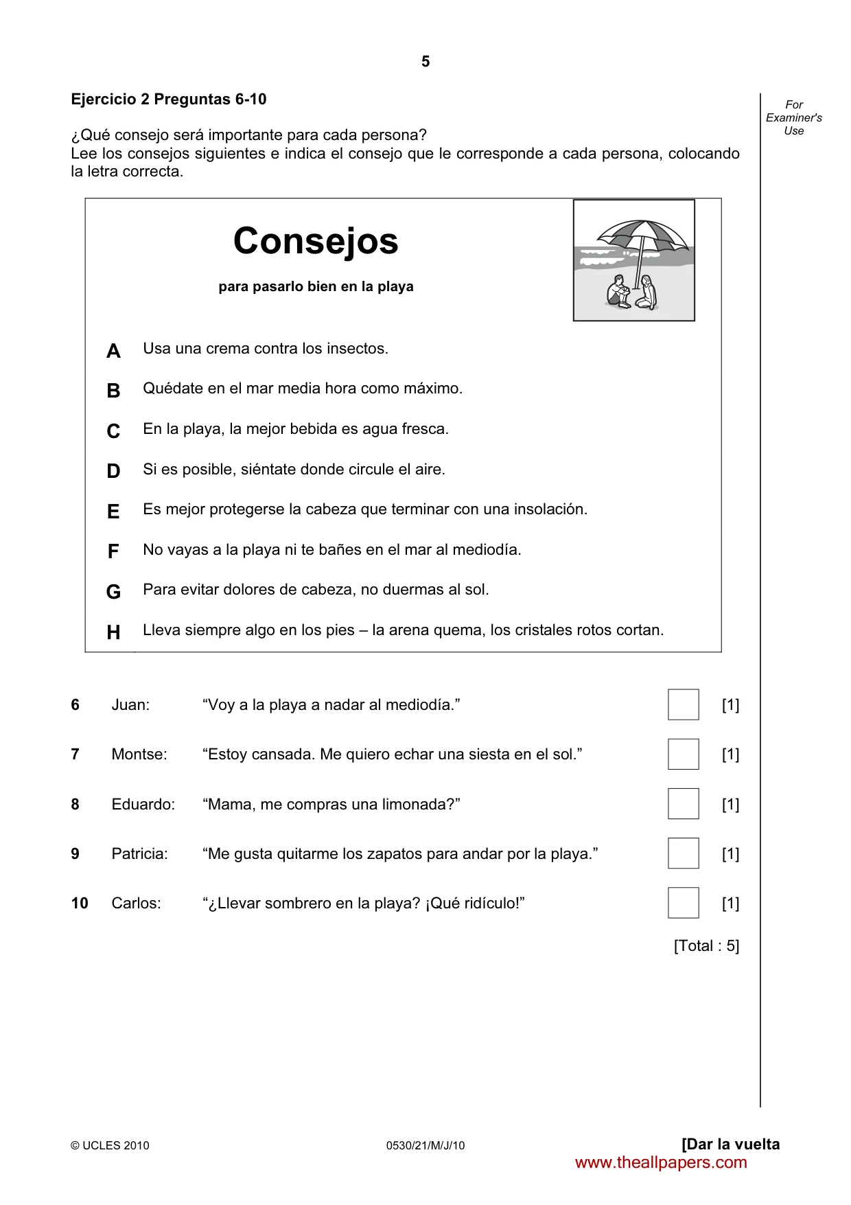 Cambridge IGCSE Spanish - Foreign Language 0530 2010 May/June Paper 2 · Variant 1 question paper, page 5 of 16