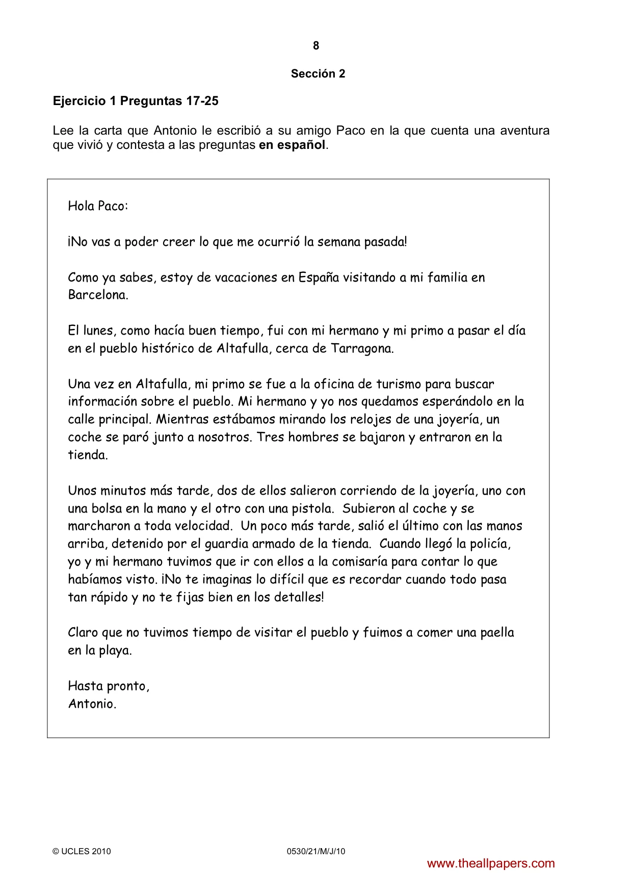 Cambridge IGCSE Spanish - Foreign Language 0530 2010 May/June Paper 2 · Variant 1 question paper, page 8 of 16