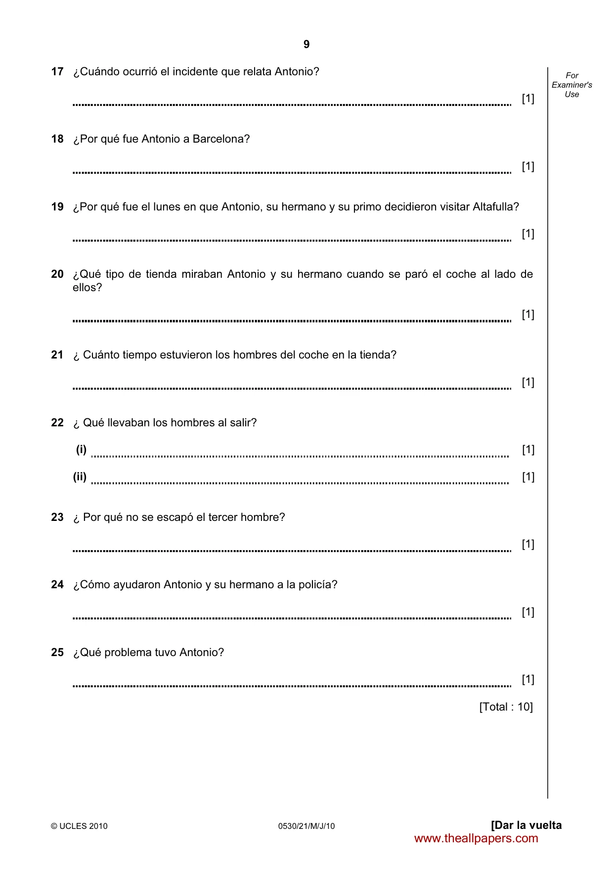 Cambridge IGCSE Spanish - Foreign Language 0530 2010 May/June Paper 2 · Variant 1 question paper, page 9 of 16