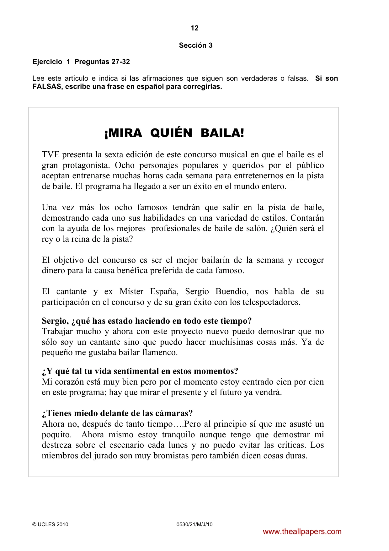 Cambridge IGCSE Spanish - Foreign Language 0530 2010 May/June Paper 2 · Variant 1 question paper, page 12 of 16